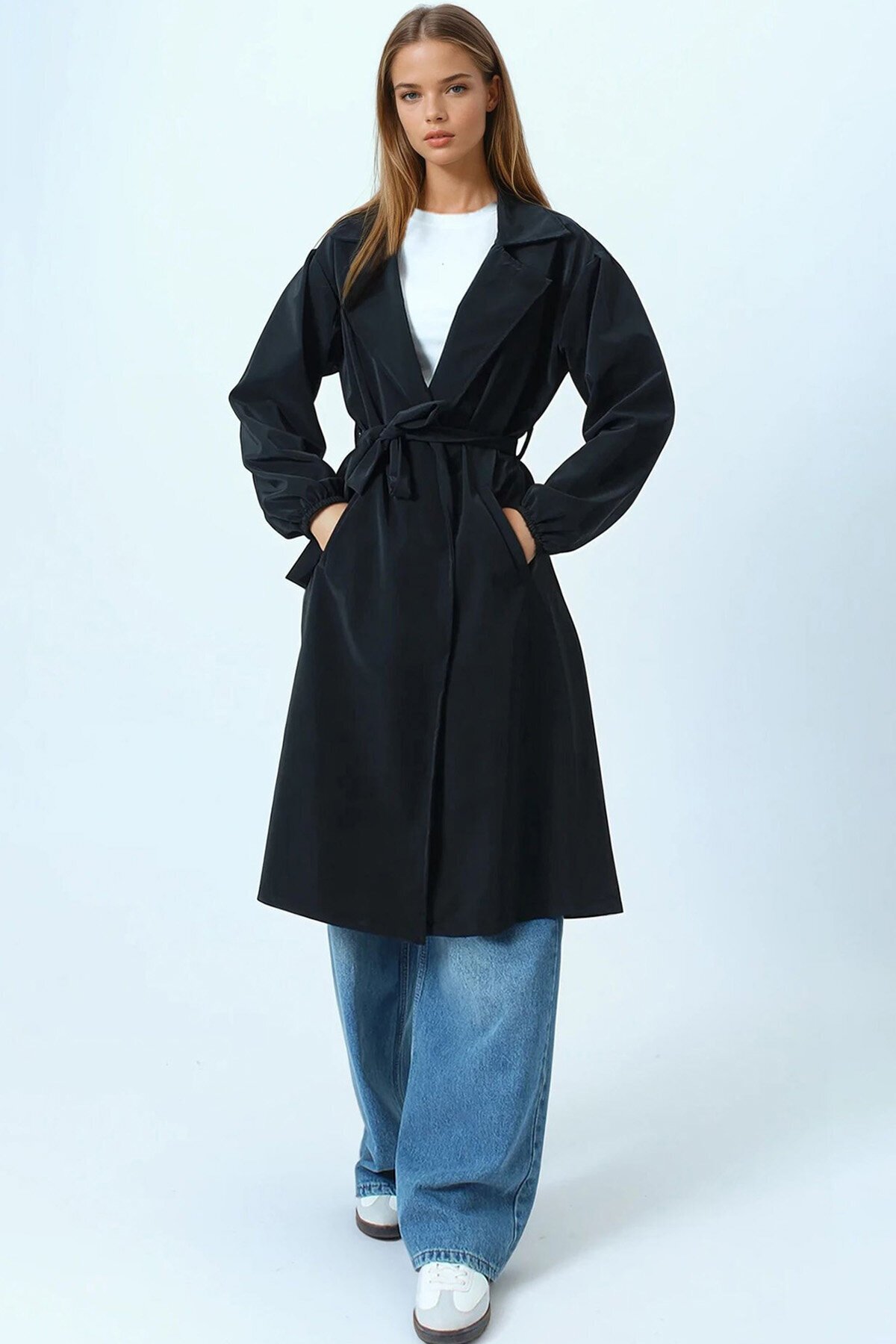 Kruvaze Yaka Bağlamalı Kolları Lastikli Trençkot