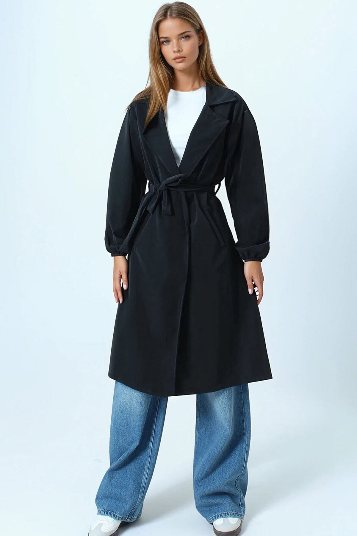 Kruvaze Yaka Bağlamalı Kolları Lastikli Trençkot