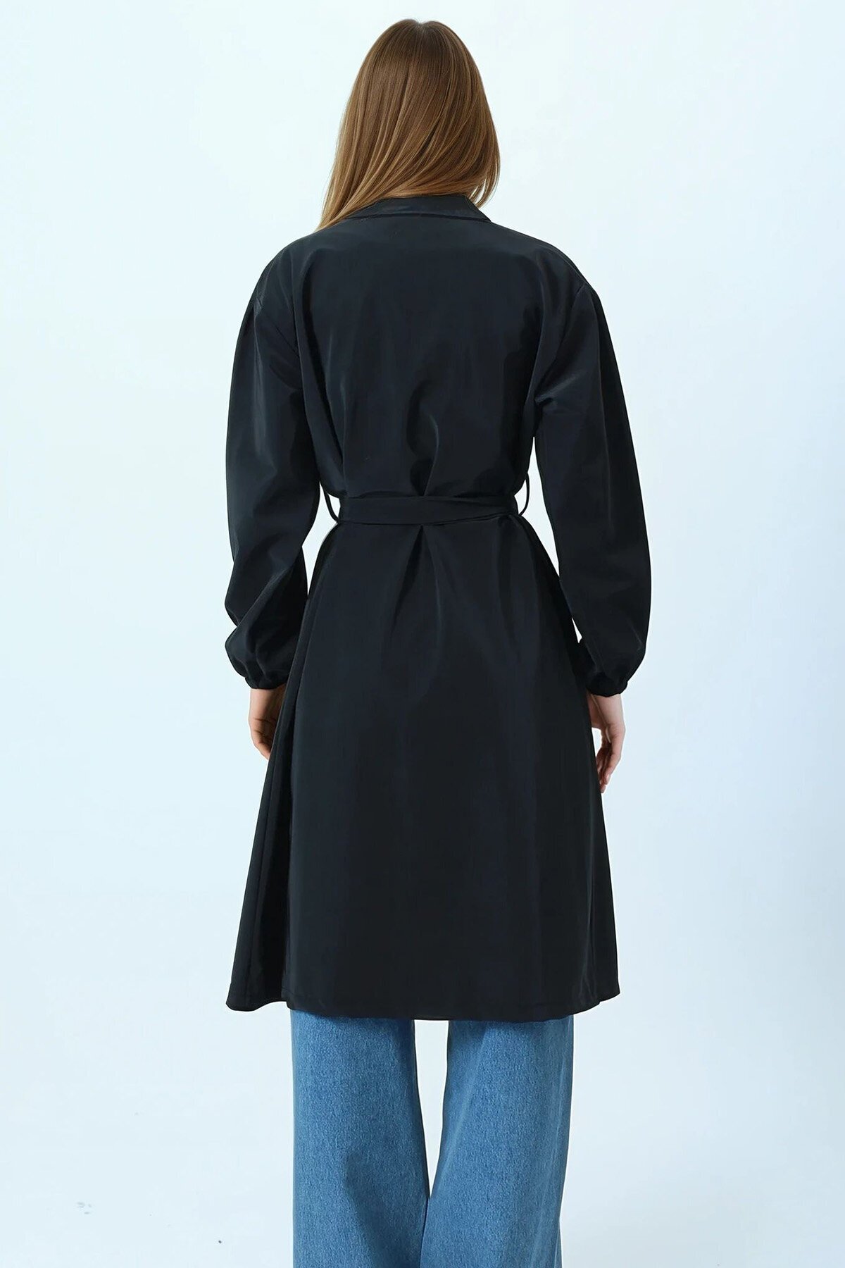 Kruvaze Yaka Bağlamalı Kolları Lastikli Trençkot