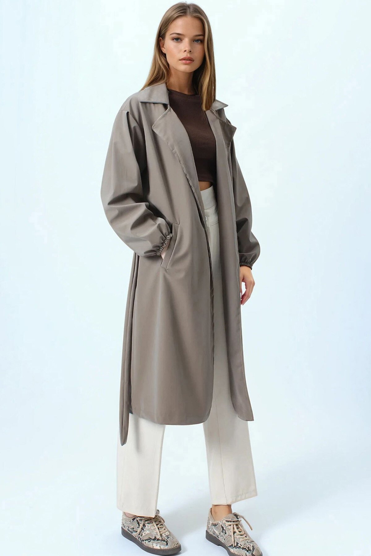 Kruvaze Yaka Bağlamalı Kolları Lastikli Trençkot