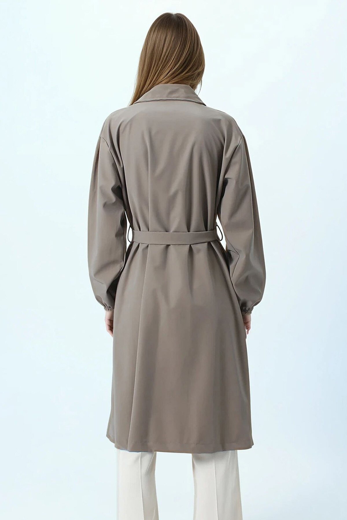 Kruvaze Yaka Bağlamalı Kolları Lastikli Trençkot