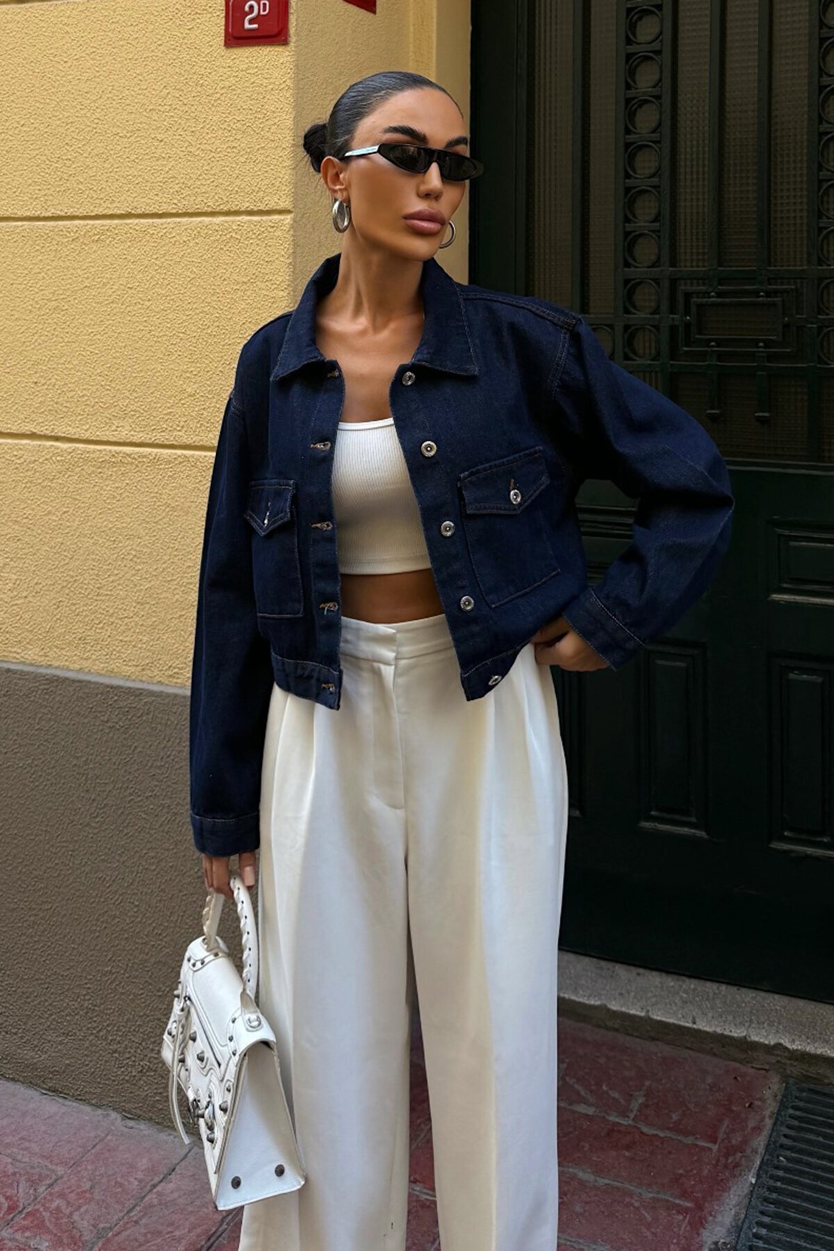 Lacivert Çif Cepli Düğme Kapamalı Crop Denim Ceket