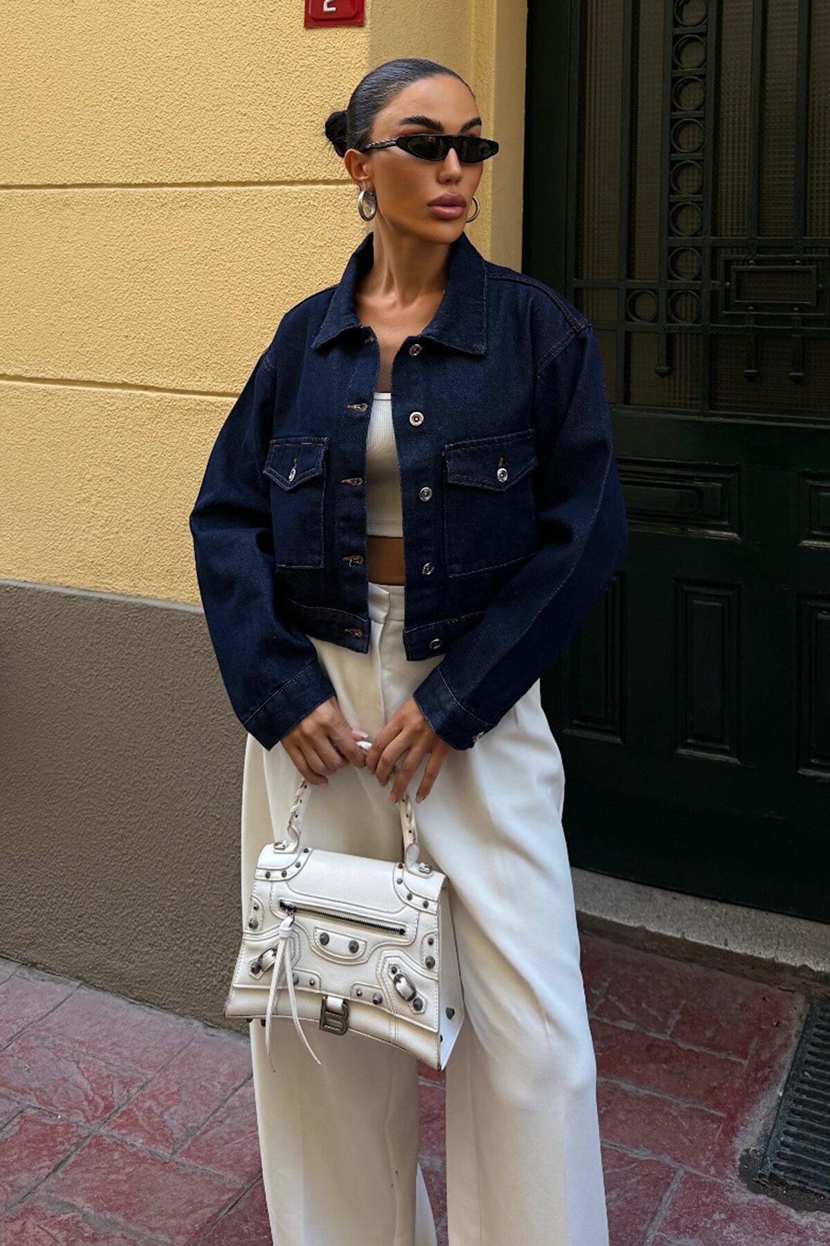 Lacivert Çif Cepli Düğme Kapamalı Crop Denim Ceket