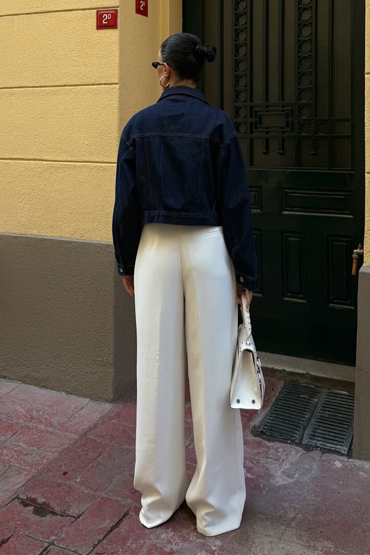 Lacivert Çif Cepli Düğme Kapamalı Crop Denim Ceket