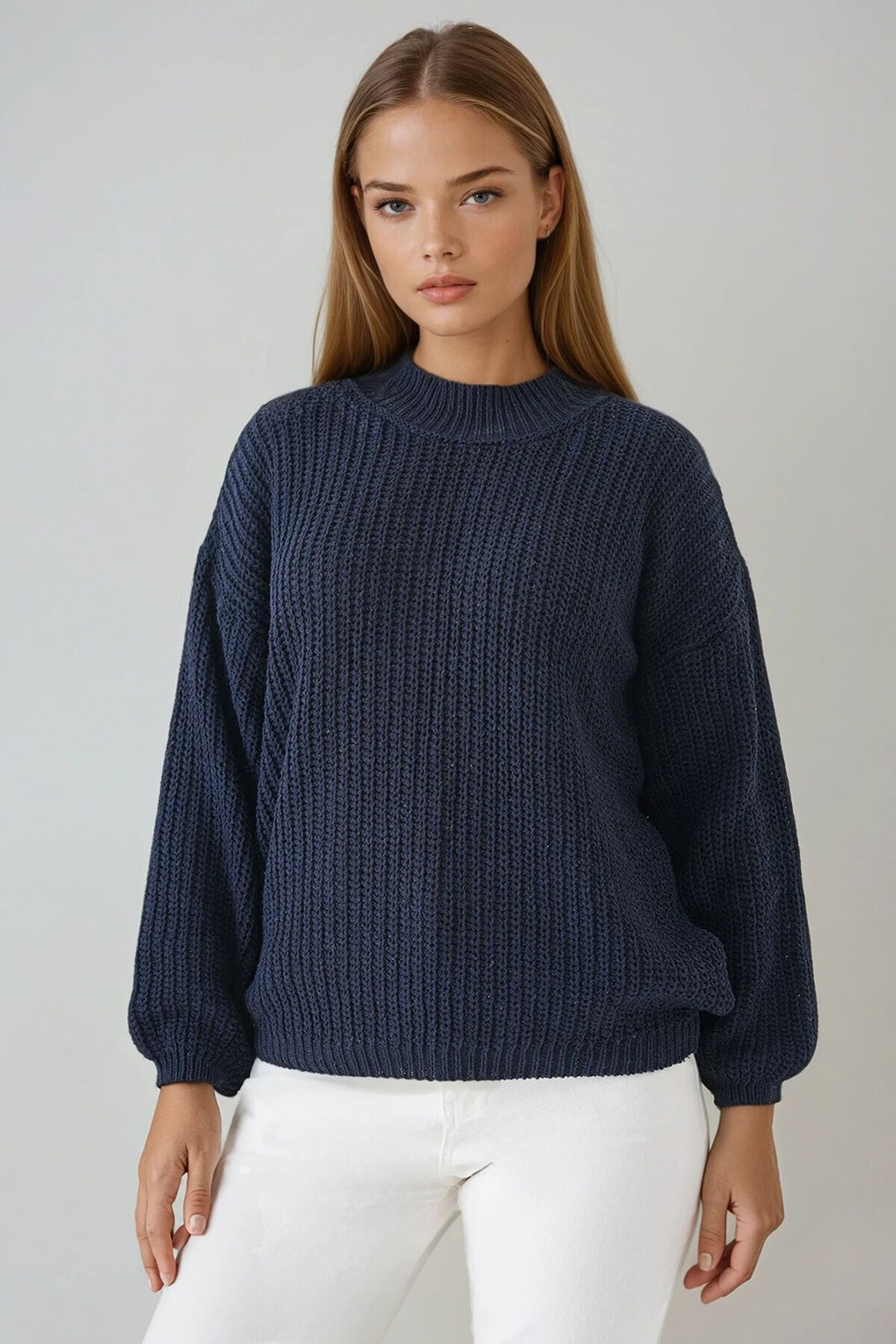 Lacivert Yarım Balıkçı Yaka Düşük Omuz Kalın Örgülü Triko Kazak