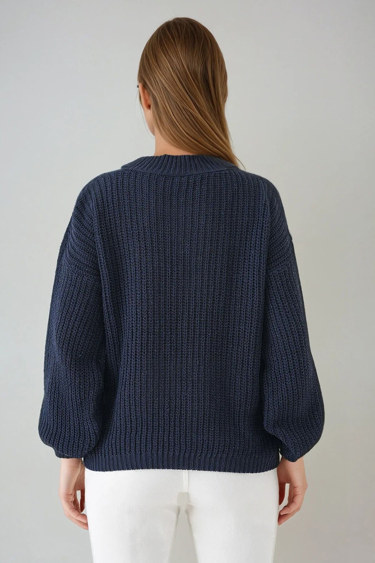 Lacivert Yarım Balıkçı Yaka Düşük Omuz Kalın Örgülü Triko Kazak