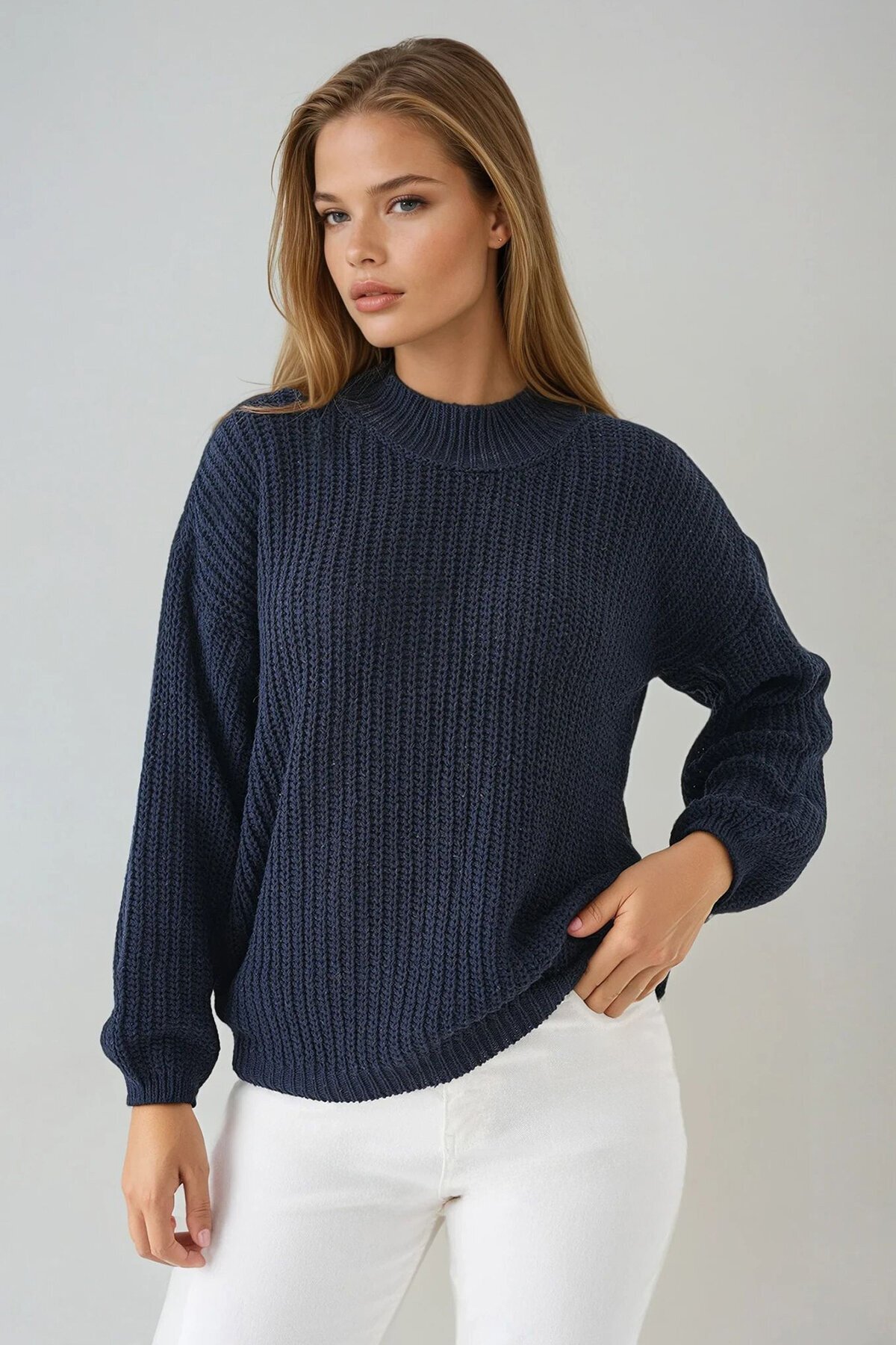 Lacivert Yarım Balıkçı Yaka Düşük Omuz Kalın Örgülü Triko Kazak