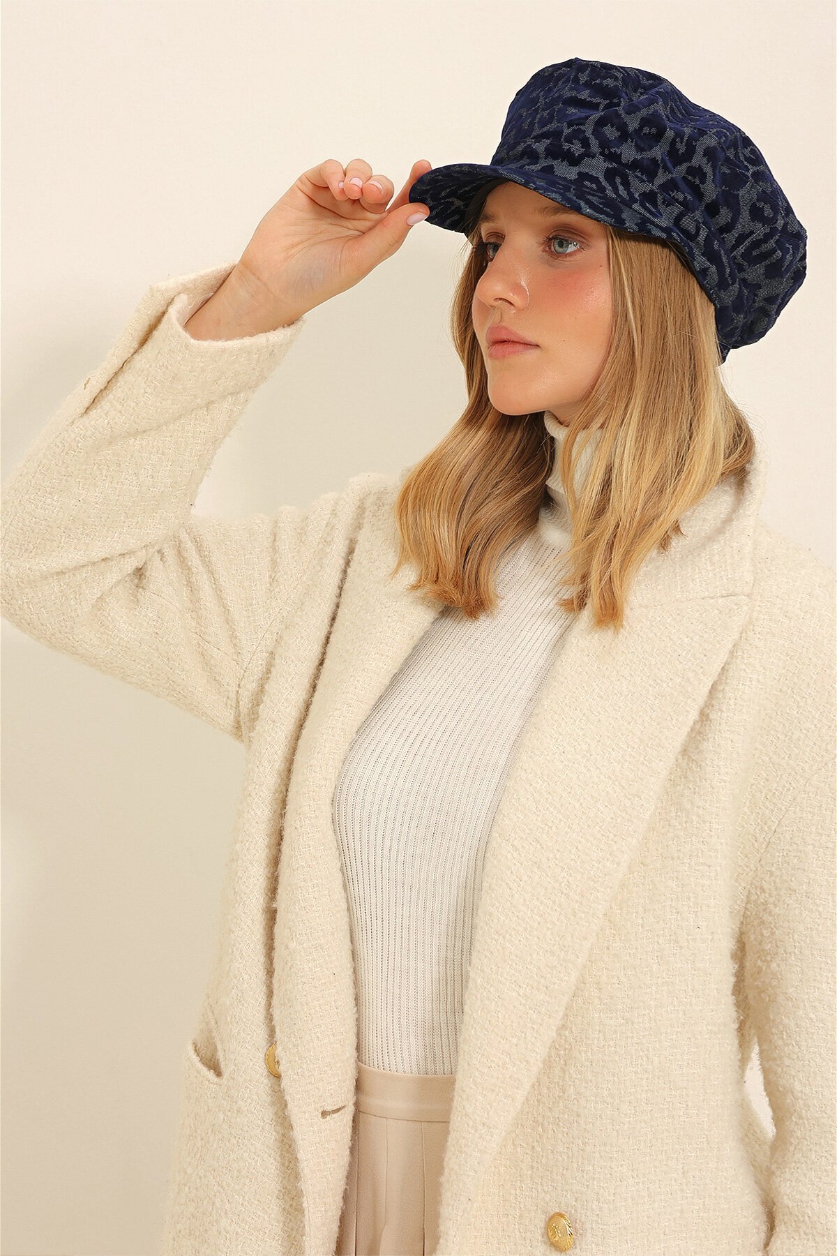 Lacivert Leopar Desenli Kasket Şapka