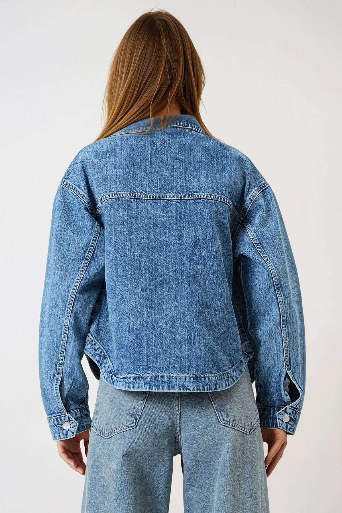 Mavi Çift Cepli Tam Düğme Kapamalı Denim Ceket