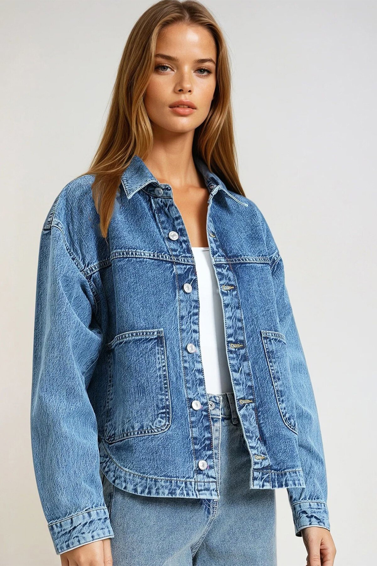 Mavi Çift Cepli Tam Düğme Kapamalı Denim Ceket