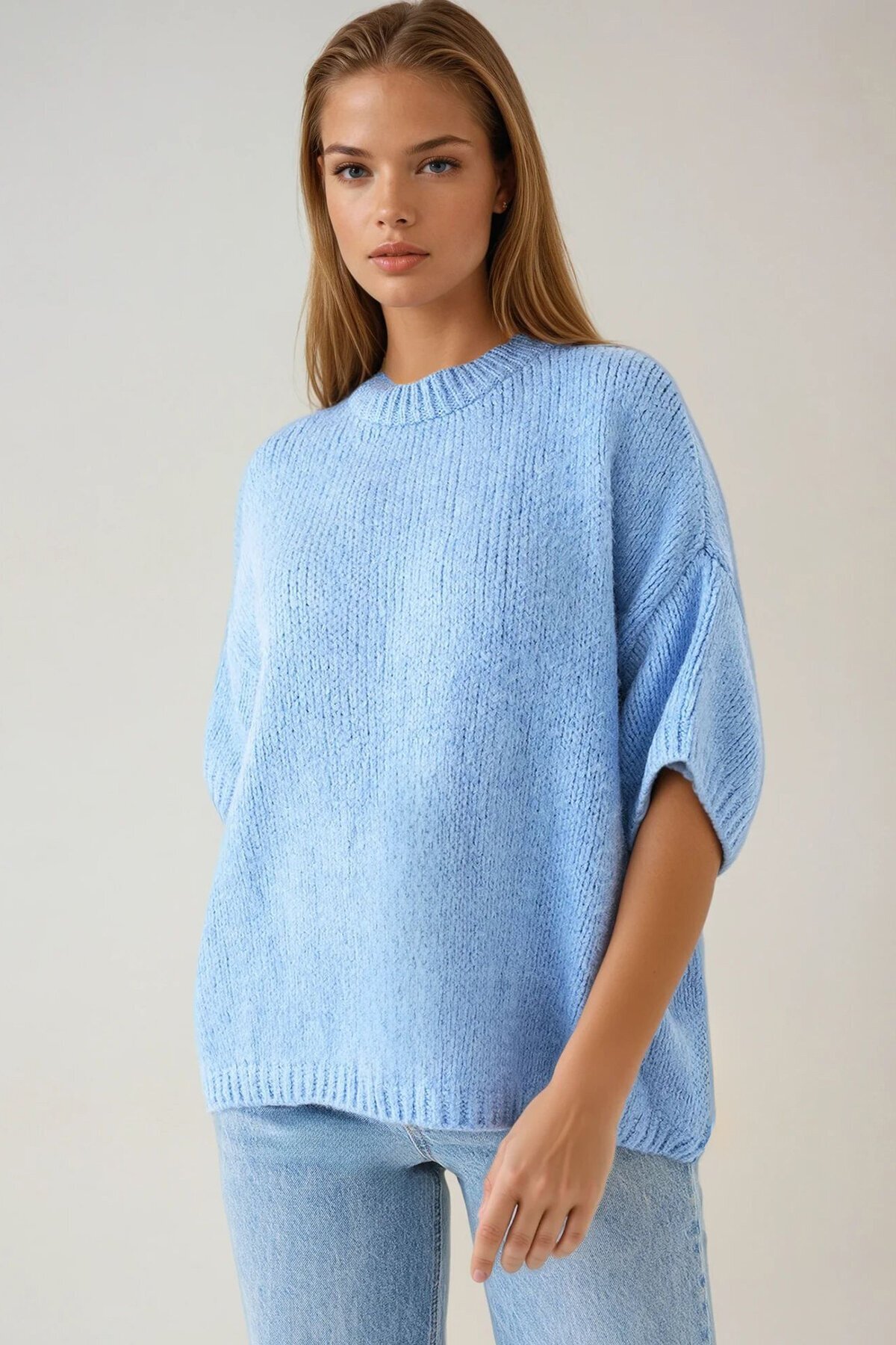 Mavi Yarım Kollu Yarım Balıkçı Yaka Oversize Yumuşak Dokulu Triko Kazak