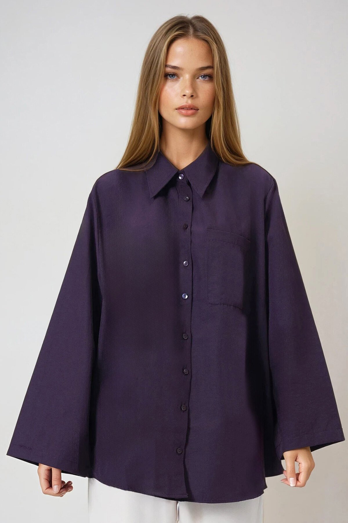 Mor Tek Cepli İspanyol Kol Oversize Gömlek