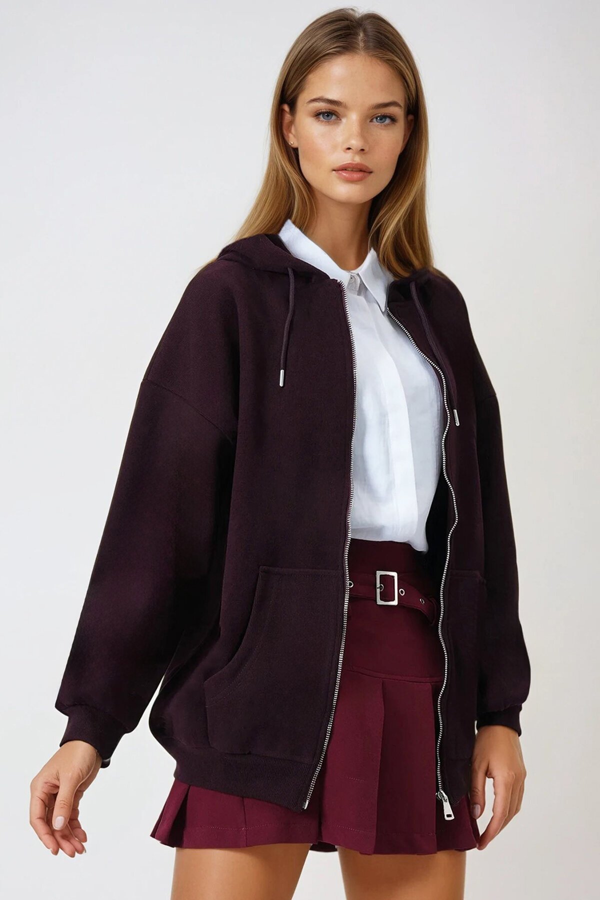 Çift Cepli Fermuar Kapamalı Kapüşonlu Hırka