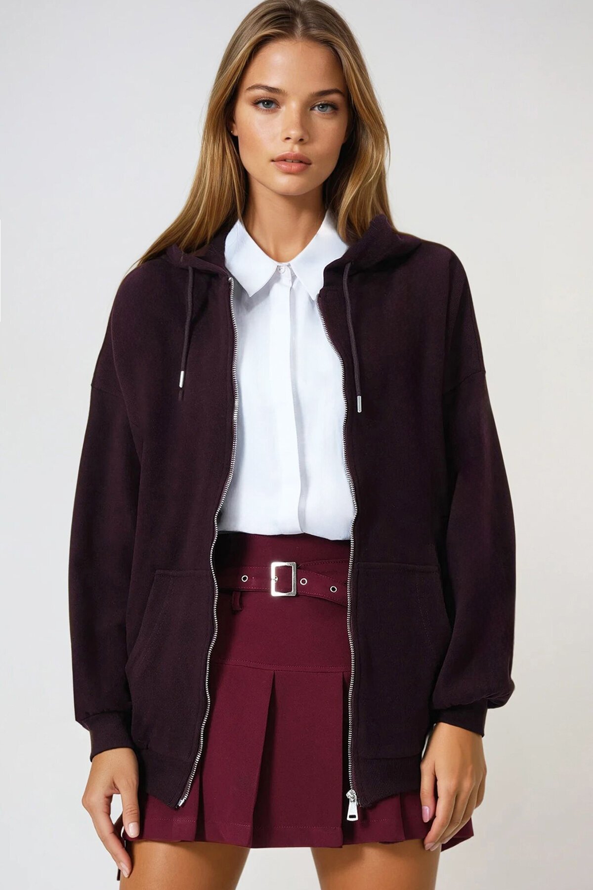 Çift Cepli Fermuar Kapamalı Kapüşonlu Hırka