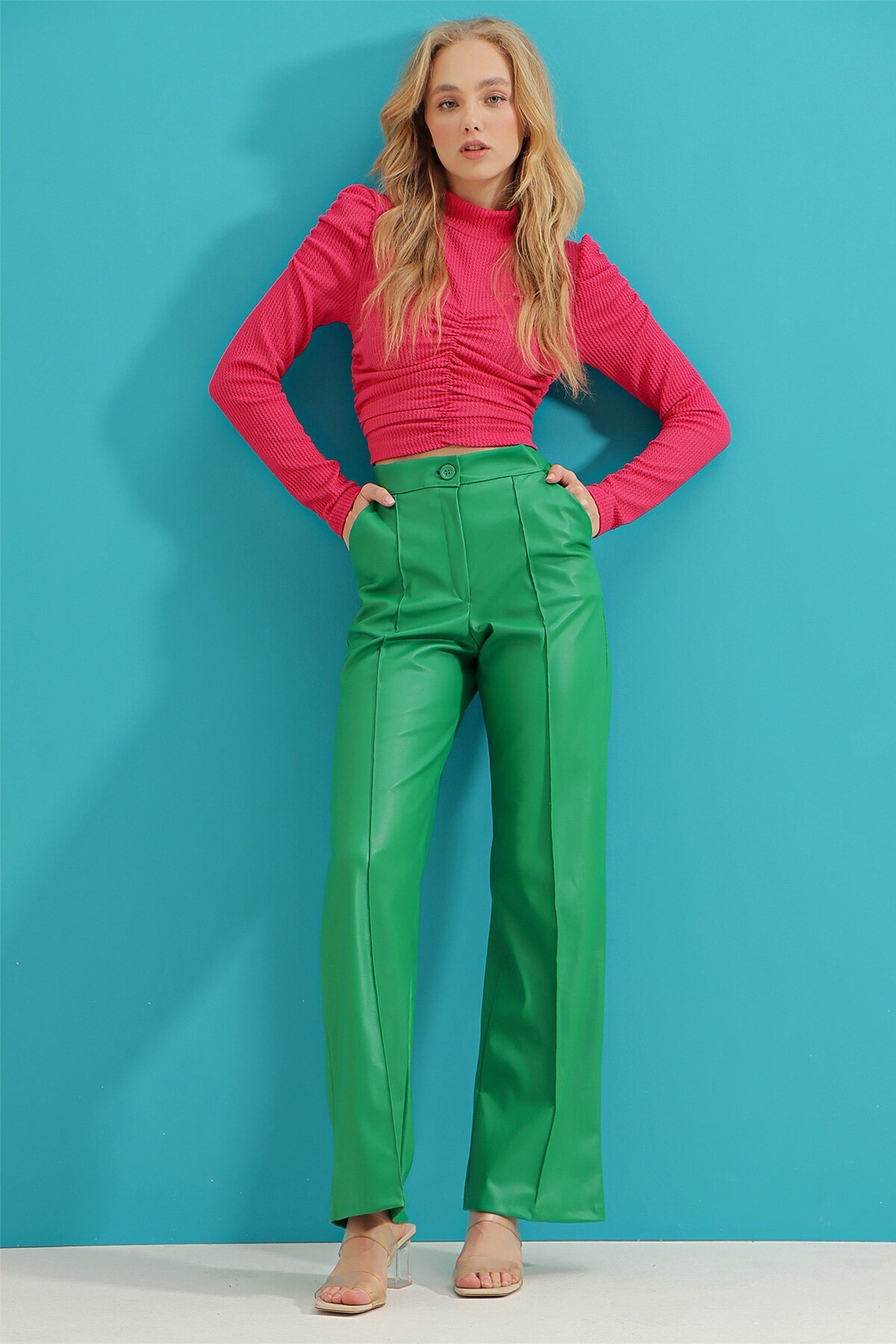 Yeşil Önü Dikişli Çift Cepli Suni Deri Palazzo Pantolon