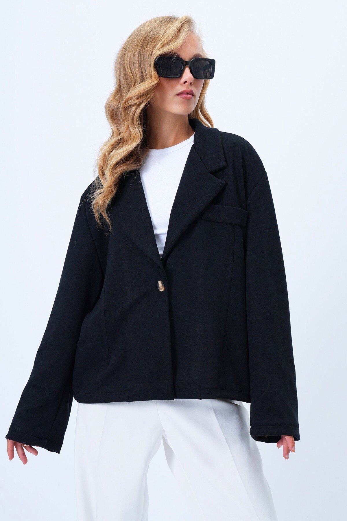 Oversize Cep Detaylı İçi Astarlı Blazer Ceket