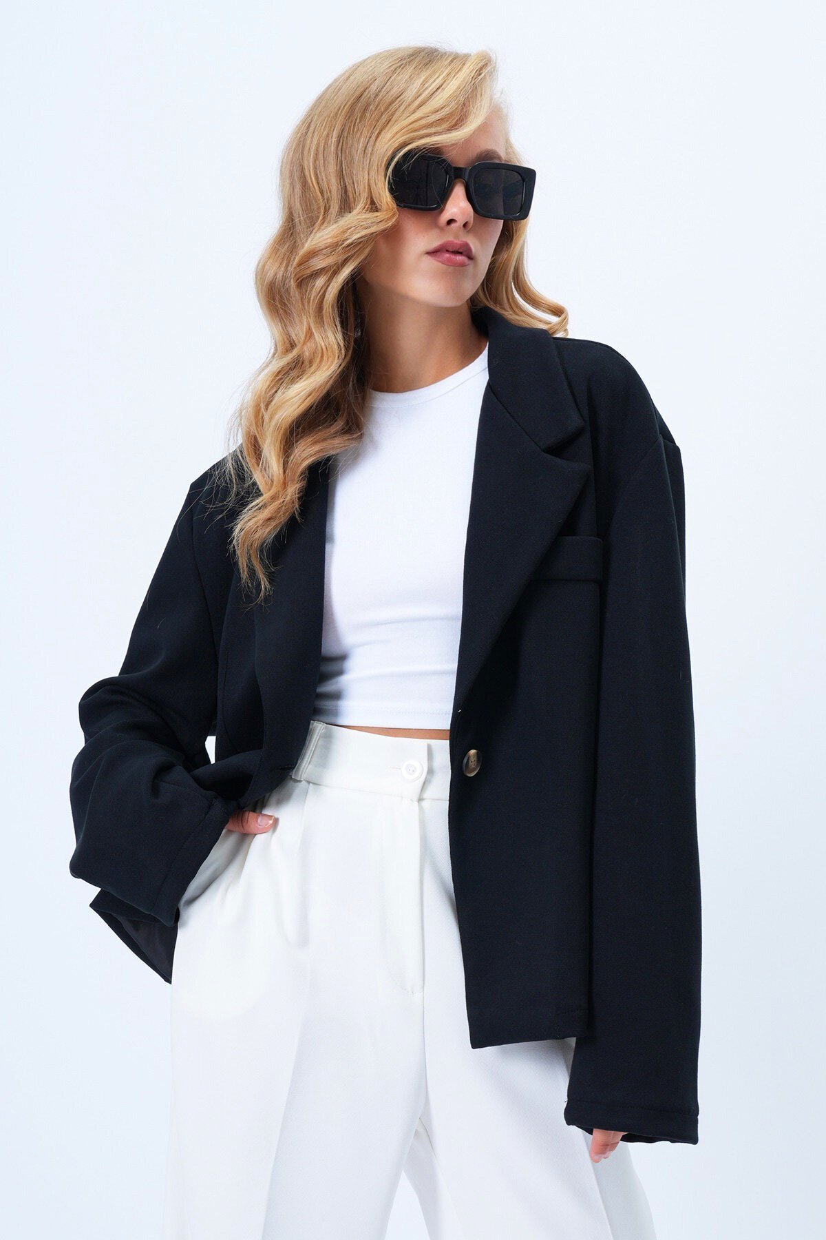 Oversize Cep Detaylı İçi Astarlı Blazer Ceket