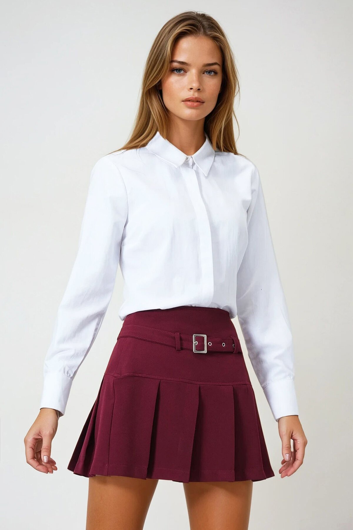 Pileli Kemerli Mini Etek