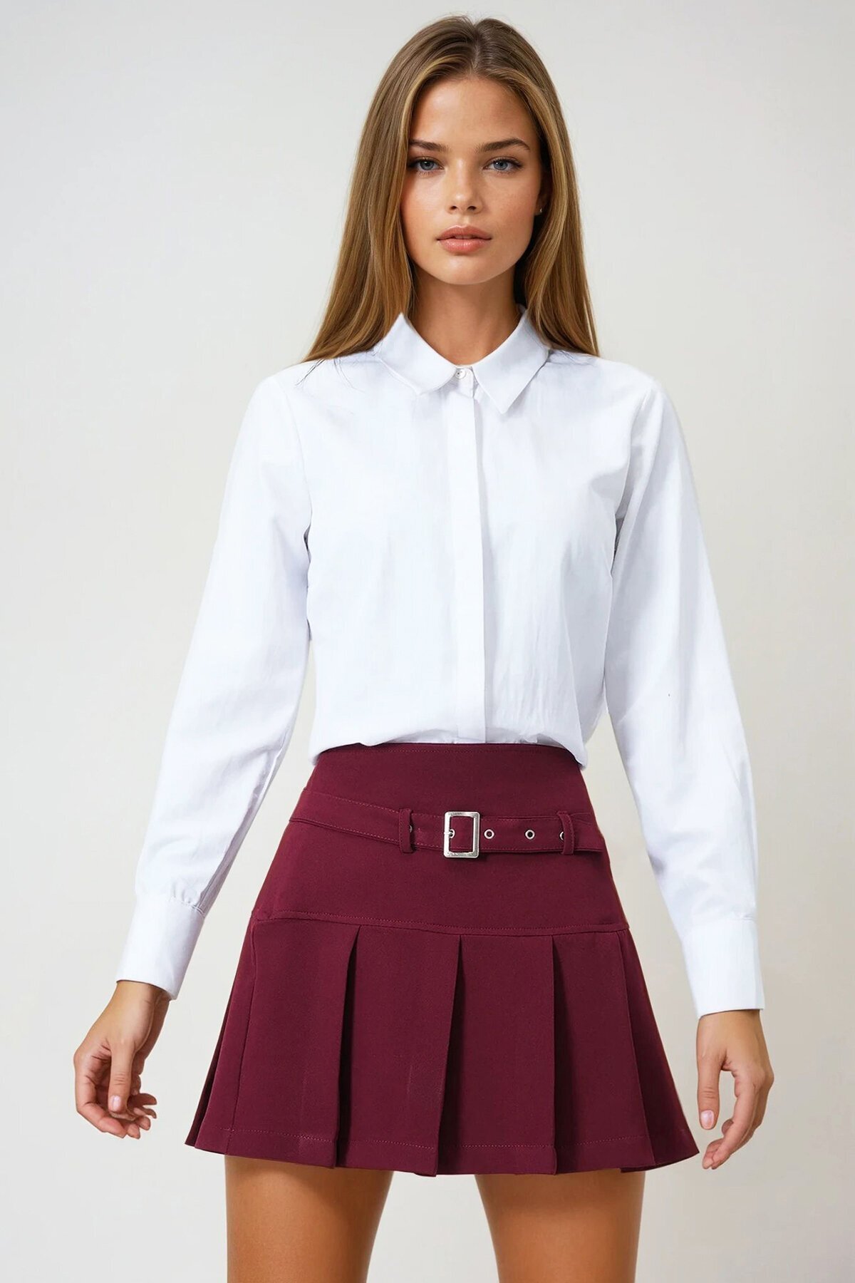 Pileli Kemerli Mini Etek