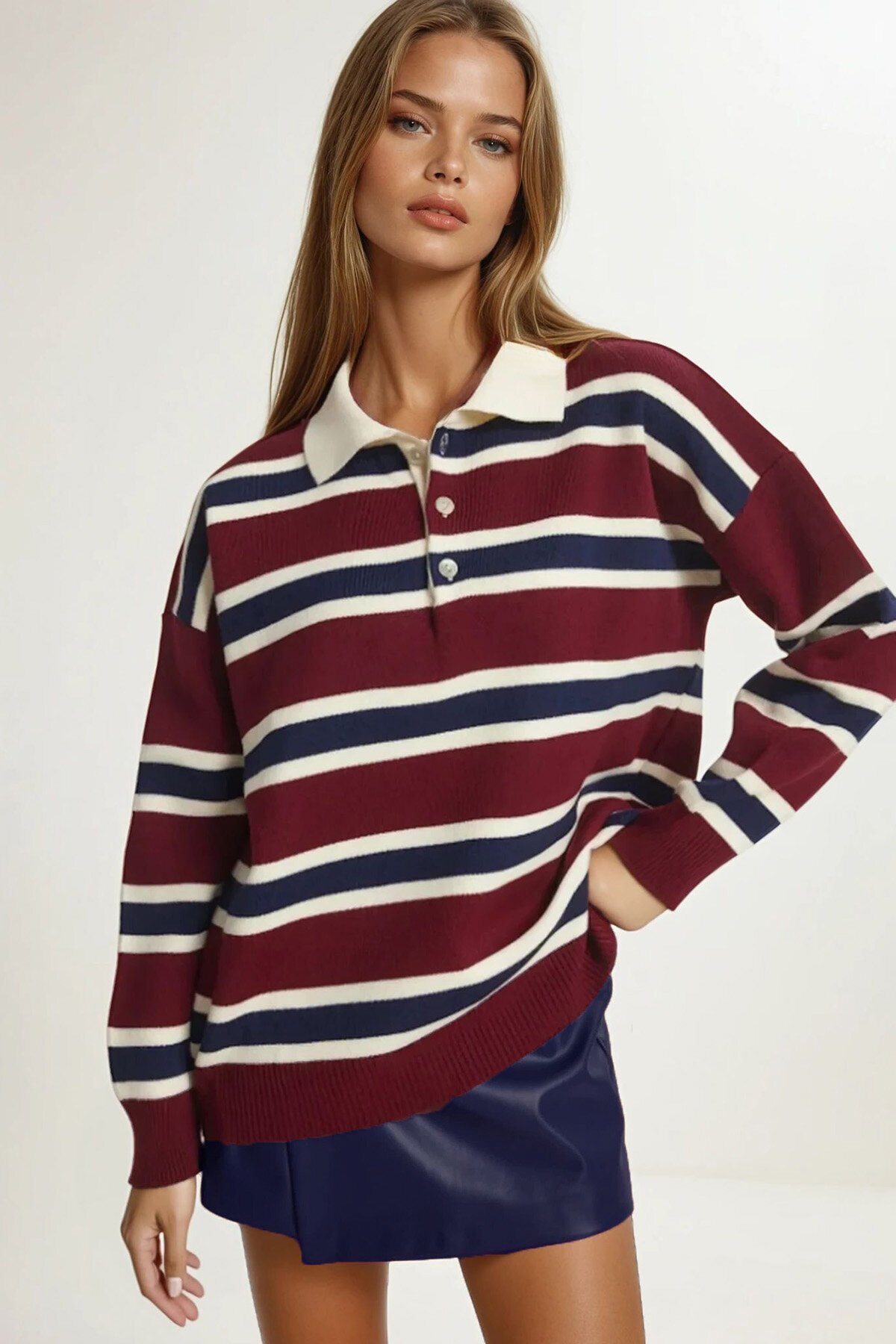 Polo Yaka Çizgili Triko Kazak