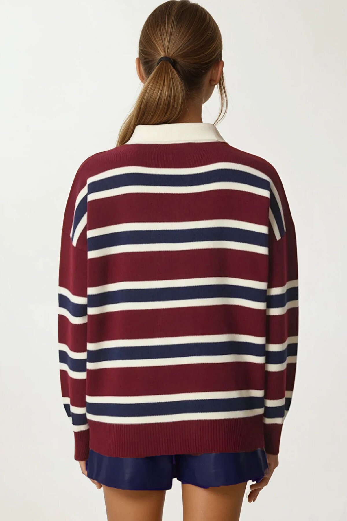 Polo Yaka Çizgili Triko Kazak