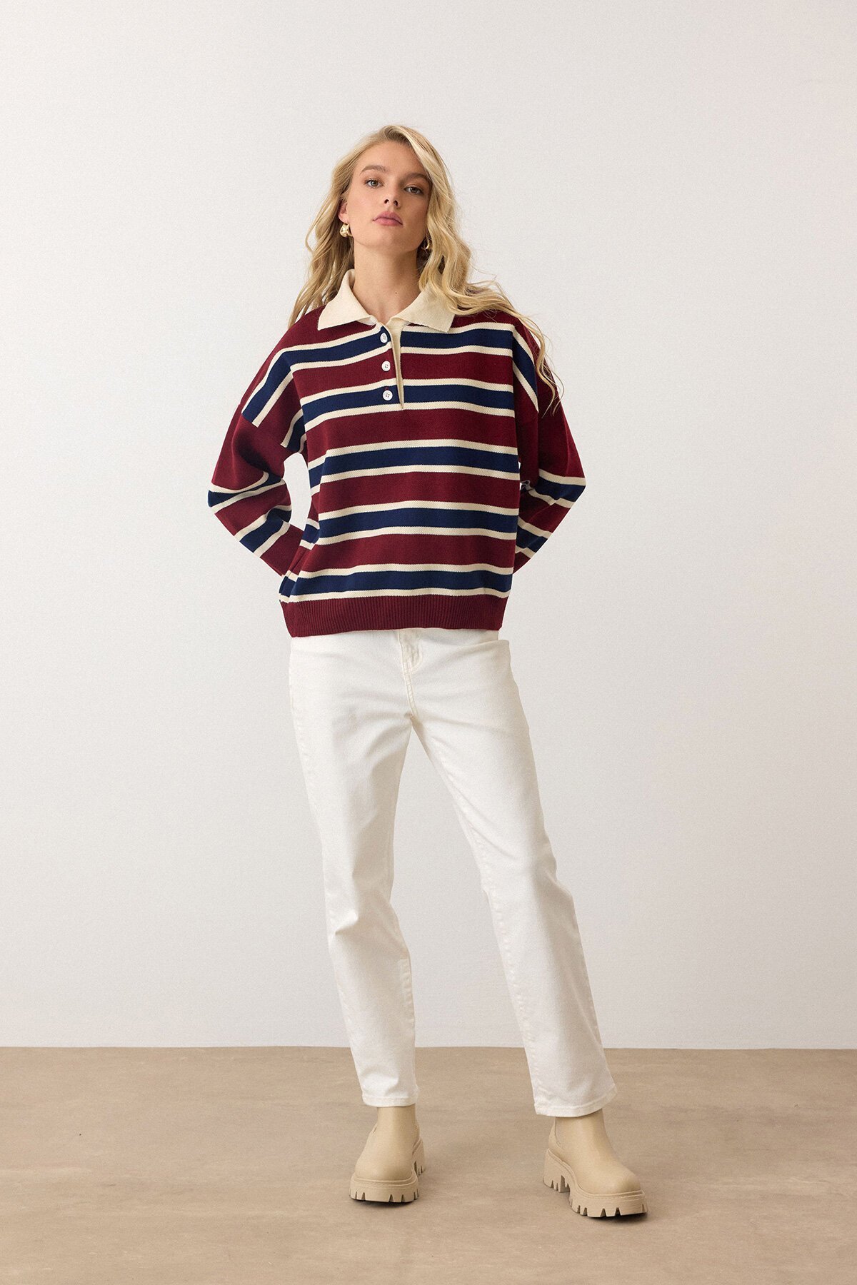 Bordo Polo Yaka Düğmeli Triko Kazak