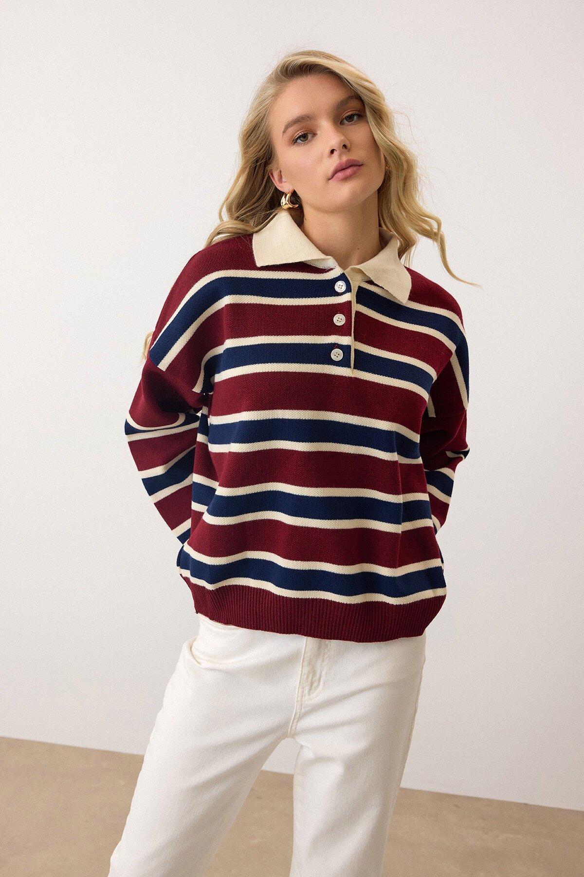 Bordo Polo Yaka Düğmeli Triko Kazak