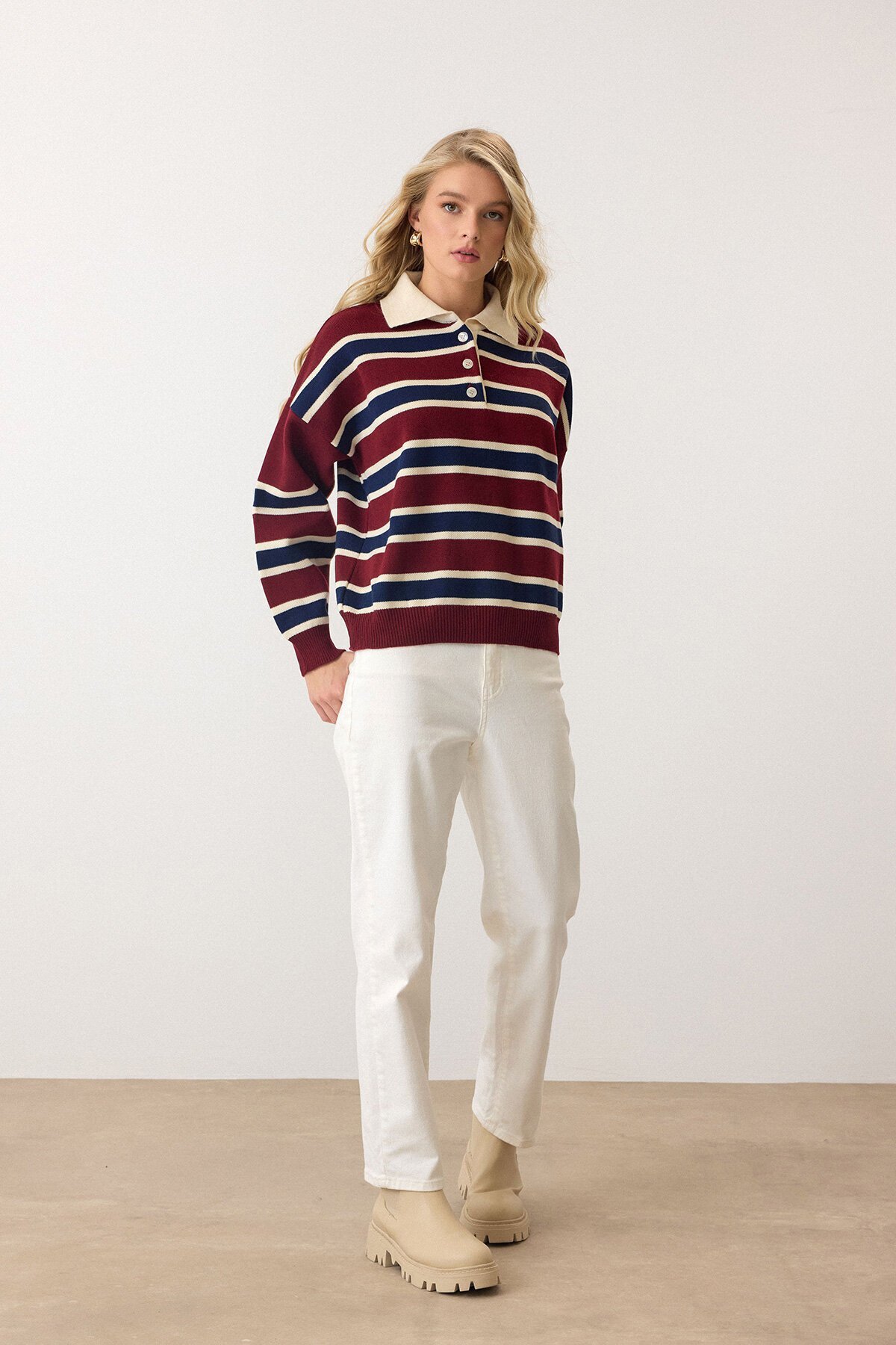 Bordo Polo Yaka Düğmeli Triko Kazak