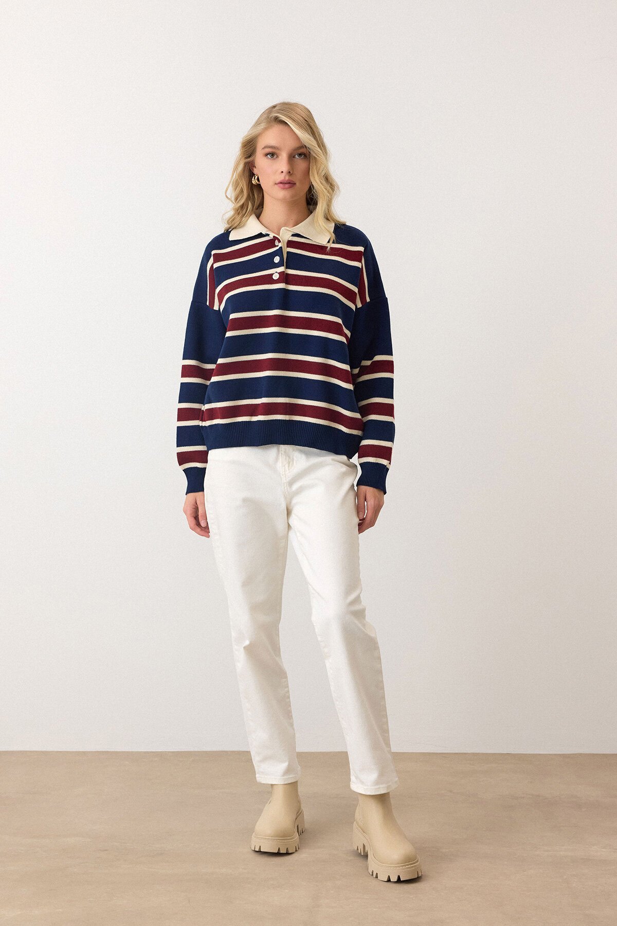 Lacivert Polo Yaka Düğmeli Triko Kazak