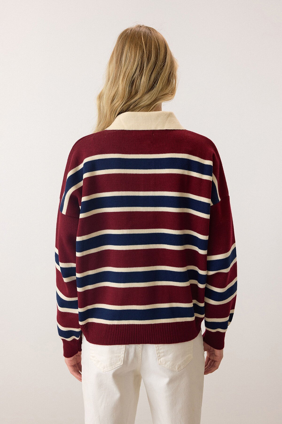 Bordo Polo Yaka Düğmeli Triko Kazak