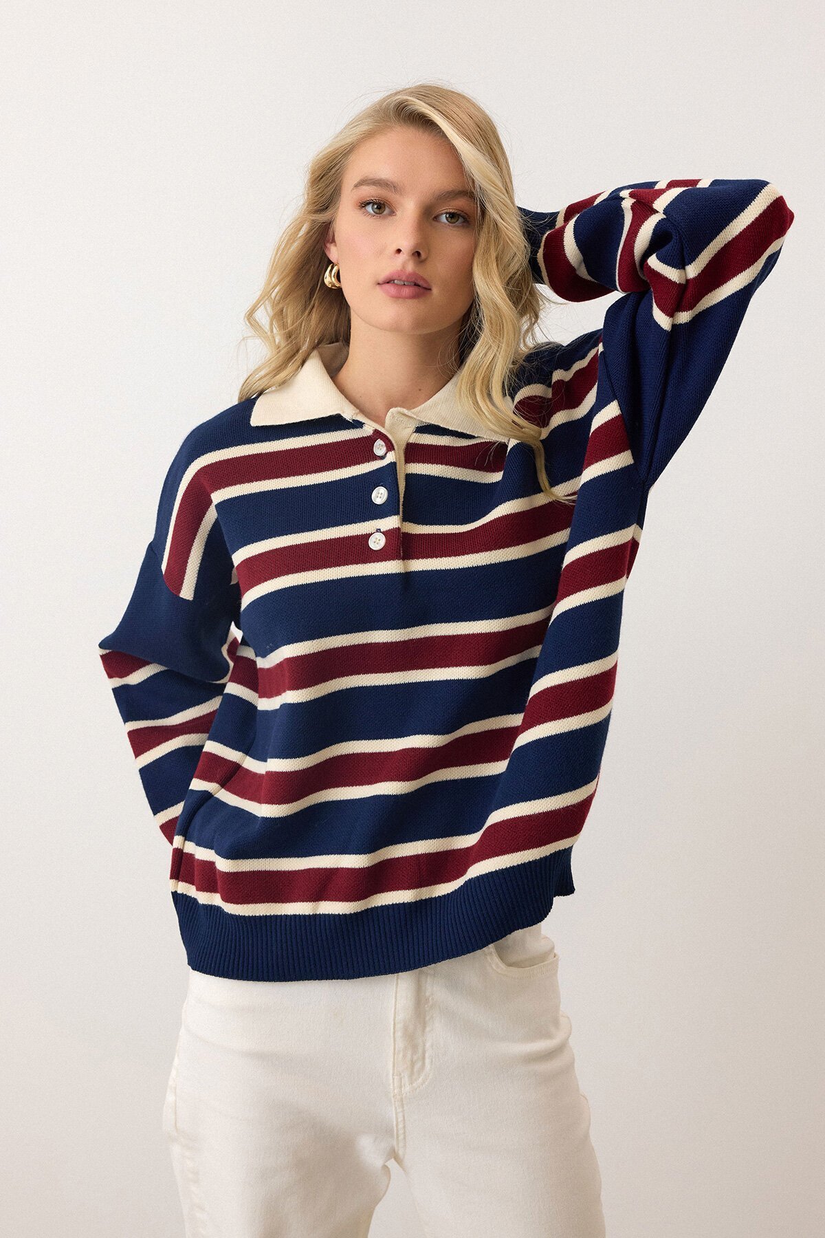 Lacivert Polo Yaka Düğmeli Triko Kazak