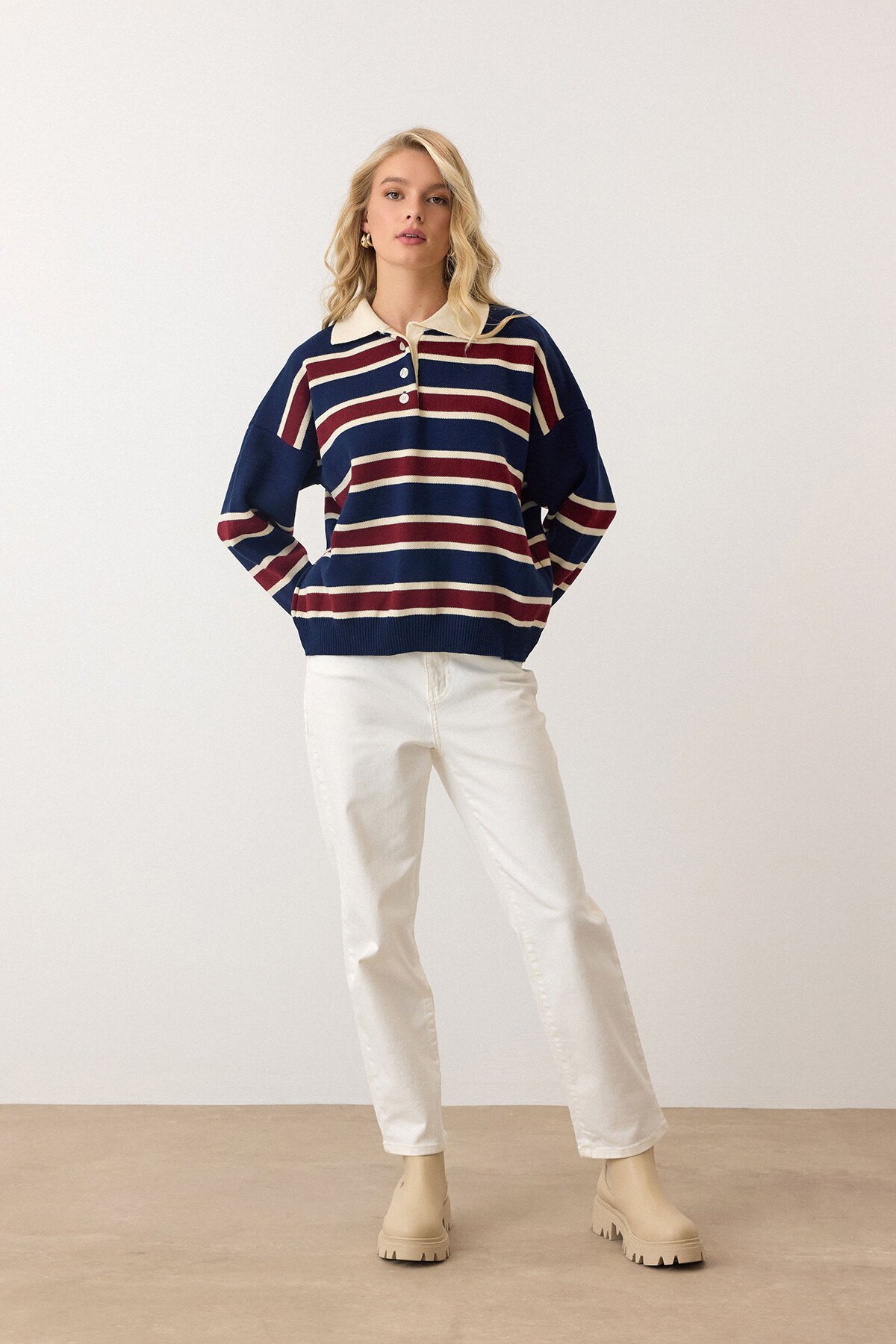 Lacivert Polo Yaka Düğmeli Triko Kazak