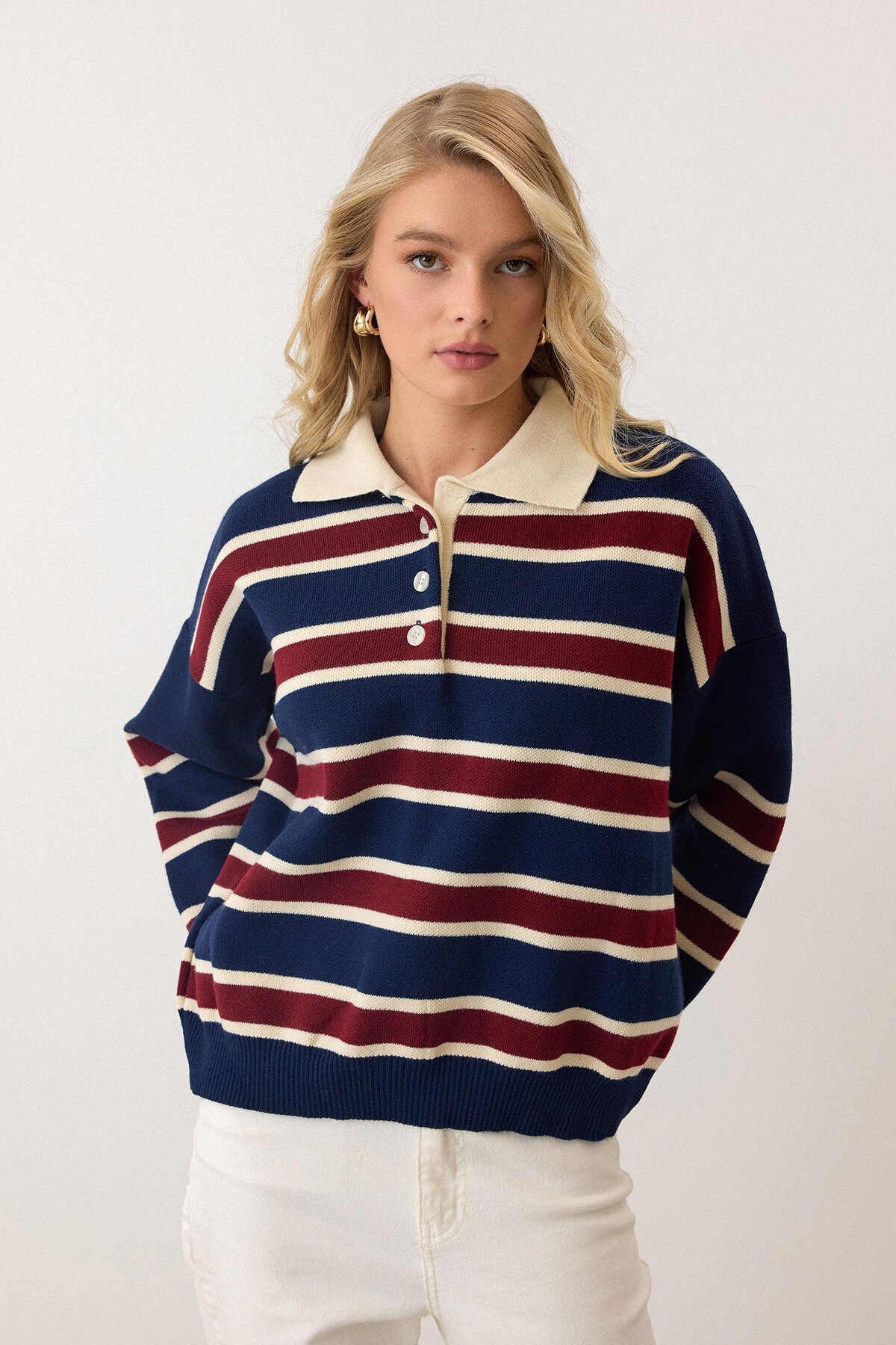 Lacivert Polo Yaka Düğmeli Triko Kazak