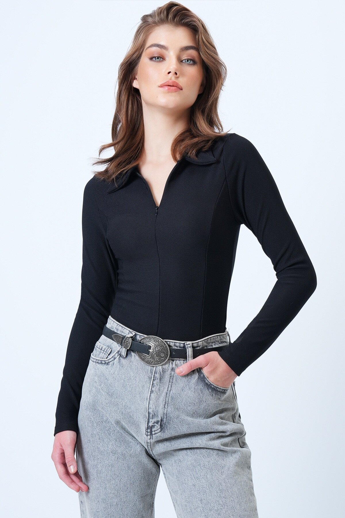 Polo Yaka Gizli Fermuarlı Ottoban Bluz