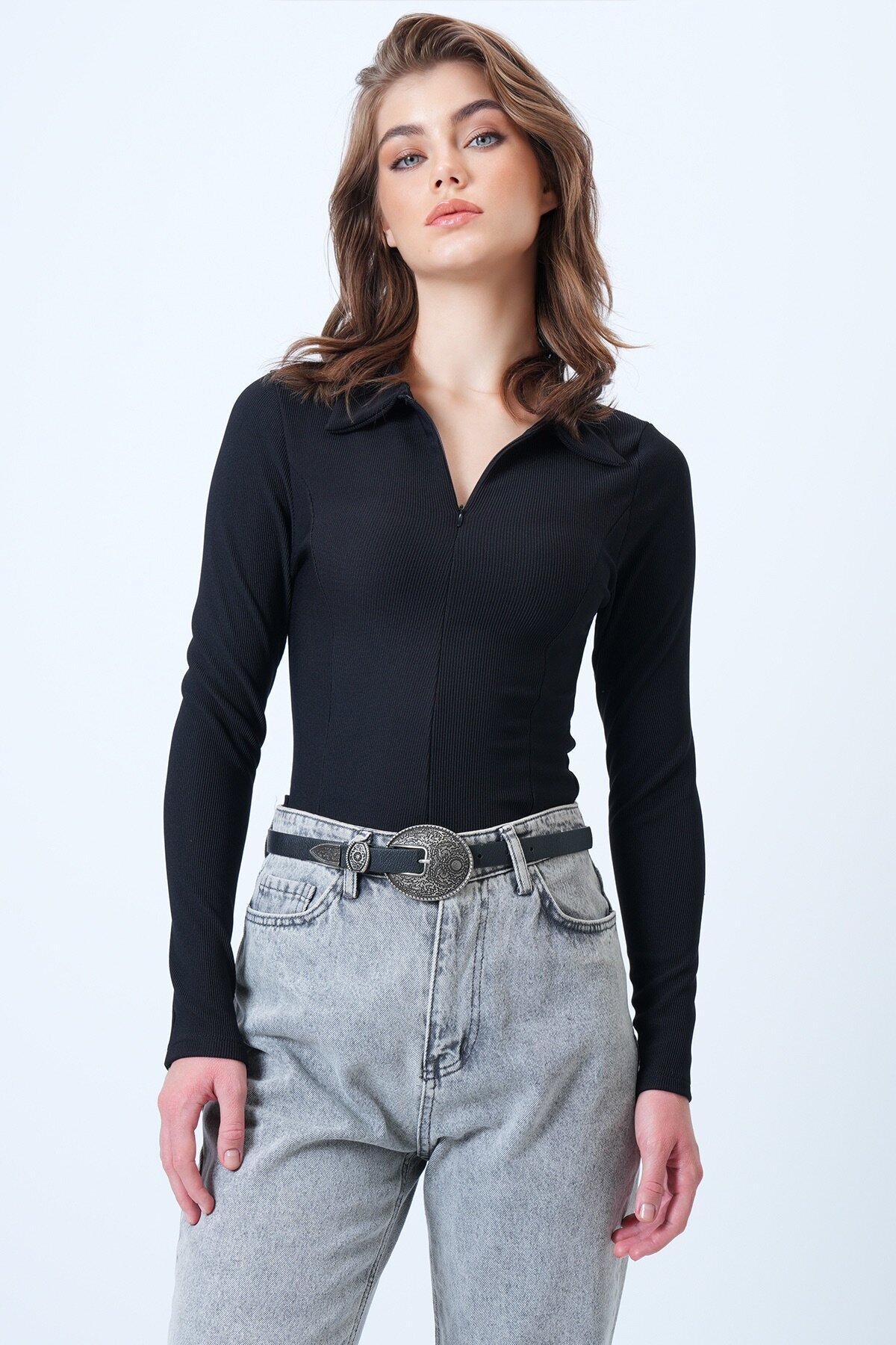 Polo Yaka Gizli Fermuarlı Ottoban Bluz