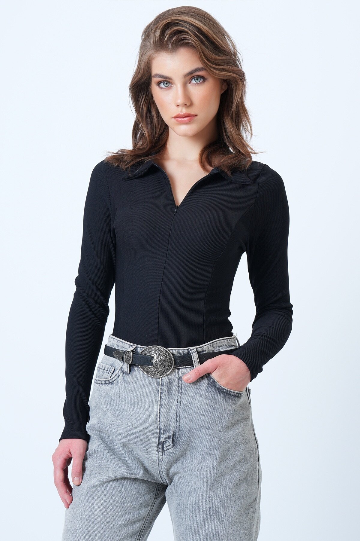 Polo Yaka Gizli Fermuarlı Ottoban Bluz