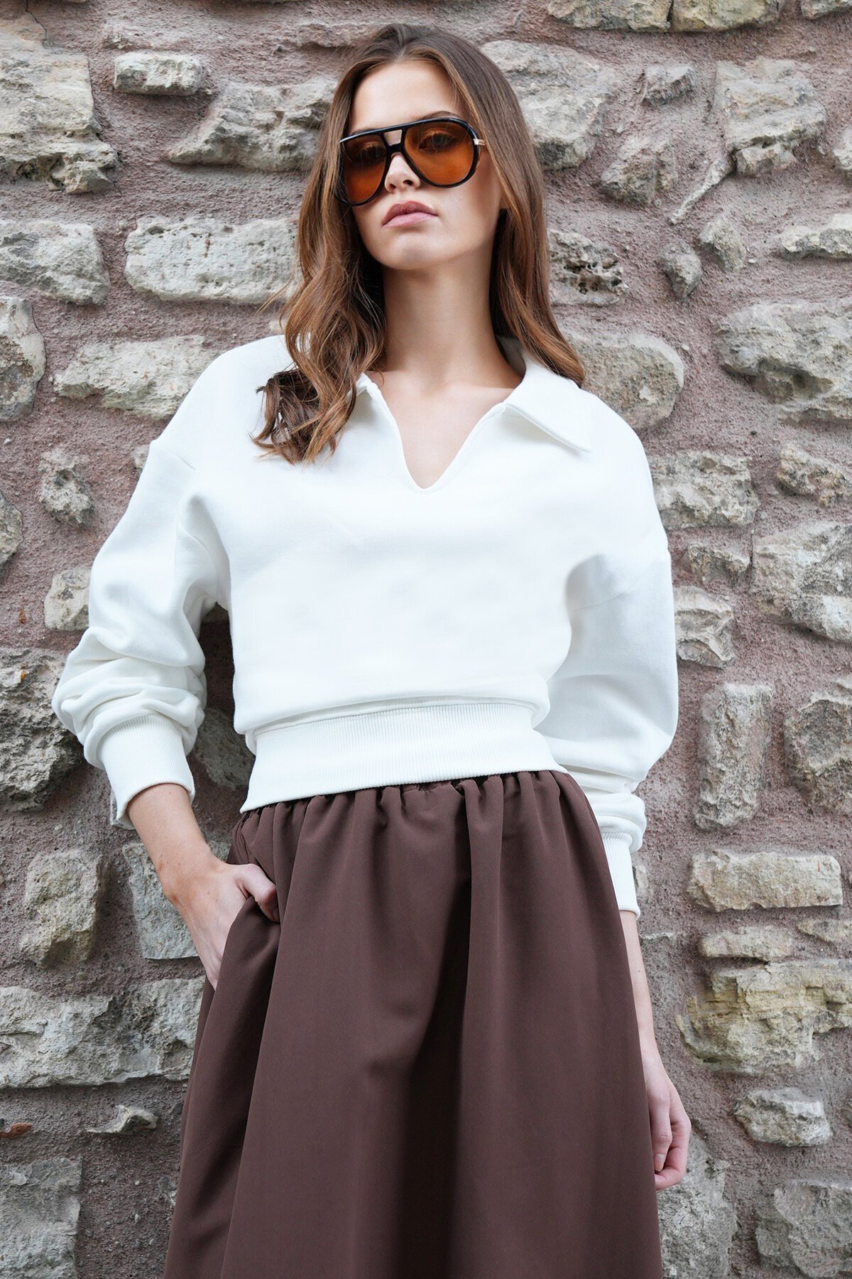 Polo Yaka İçi Şardonlu 3 İplik Sweatshirt