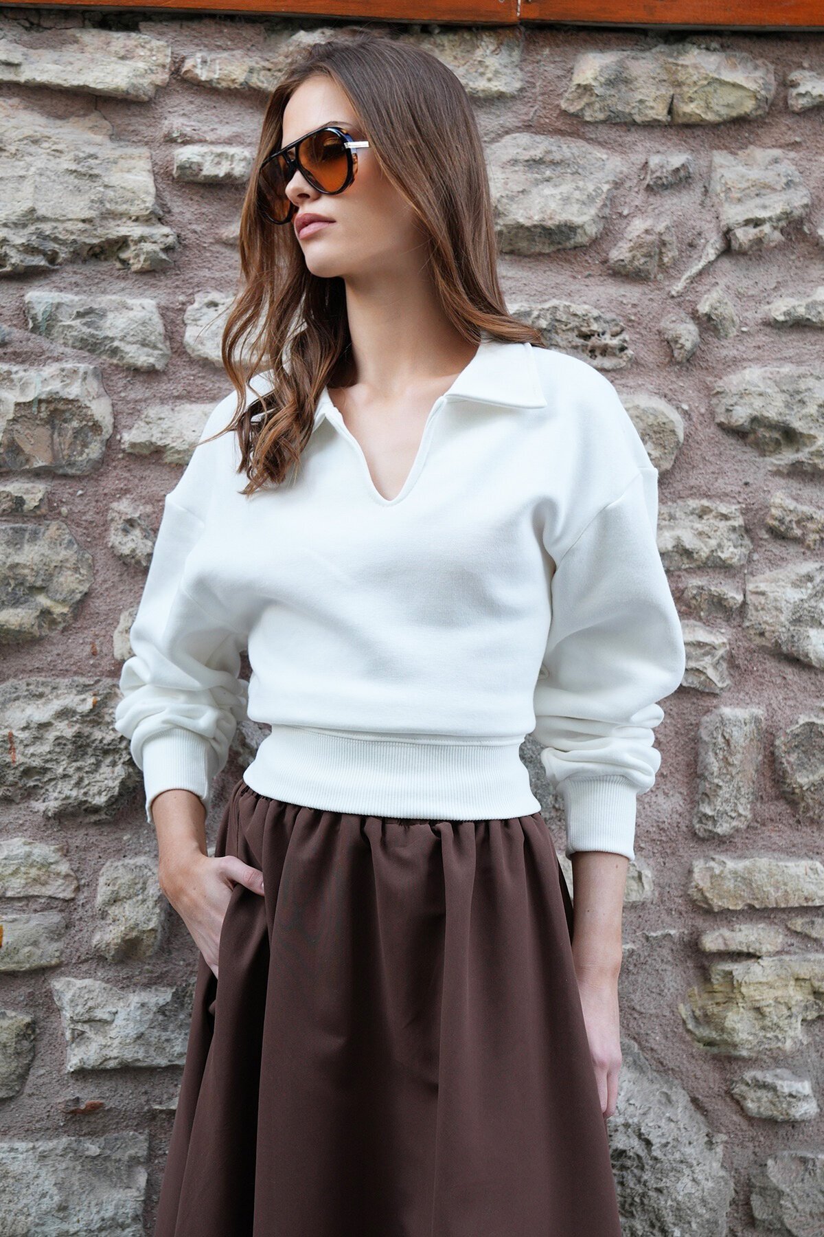 Polo Yaka İçi Şardonlu 3 İplik Sweatshirt