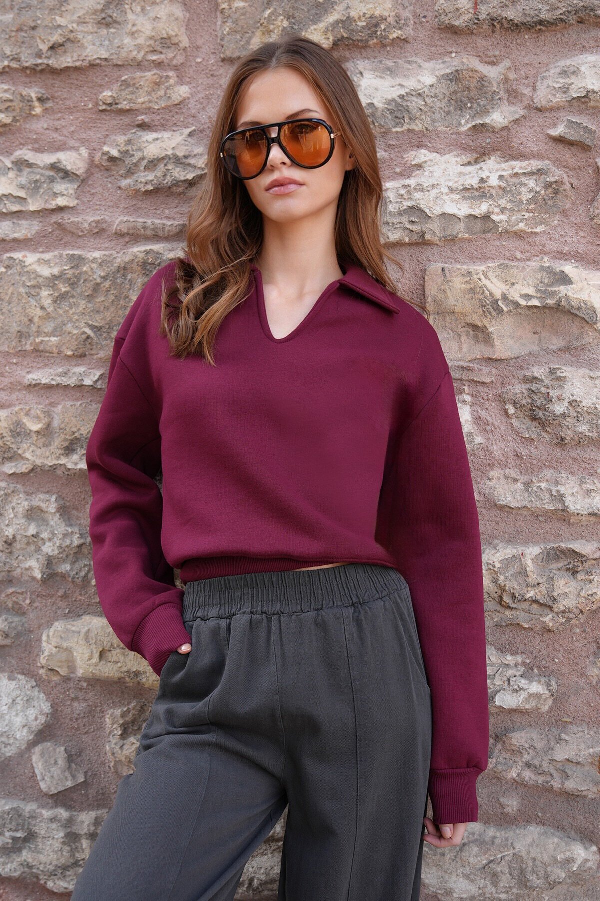 Polo Yaka İçi Şardonlu 3 İplik Sweatshirt