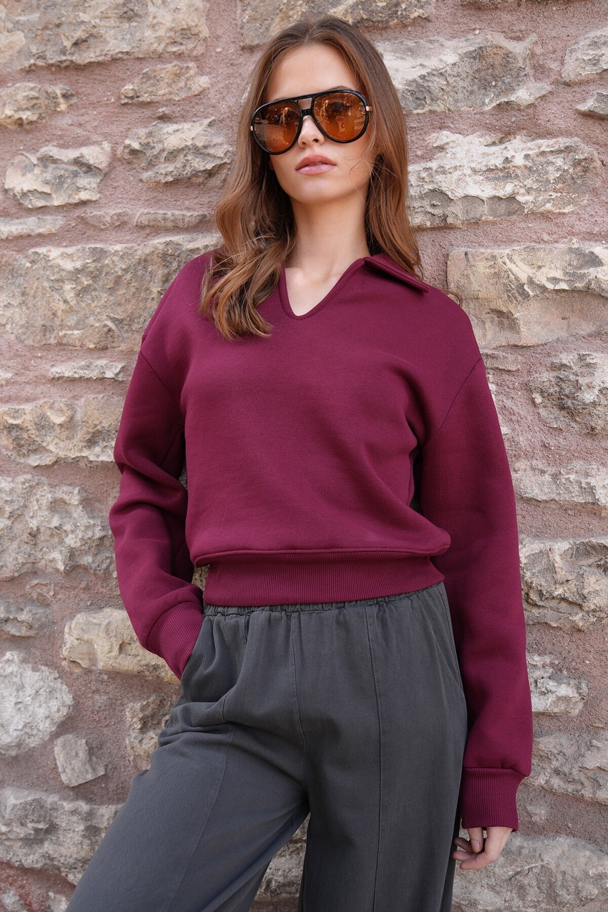 Polo Yaka İçi Şardonlu 3 İplik Sweatshirt