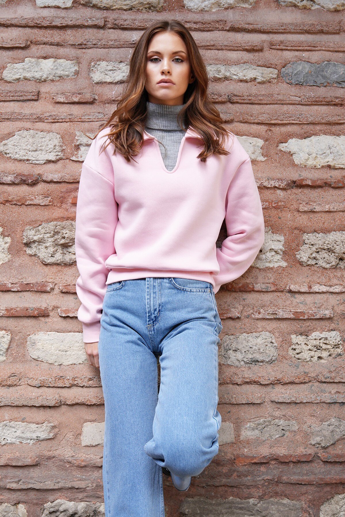 Polo Yaka İçi Şardonlu 3 İplik Sweatshirt