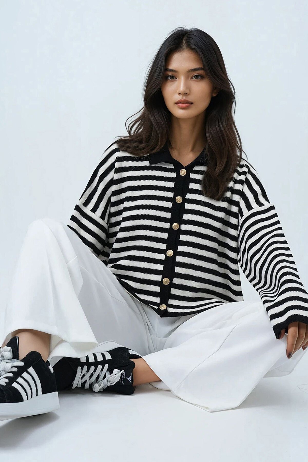 Polo Yaka Metal Düğmeli Çizgi Desenli Kısa Hırka