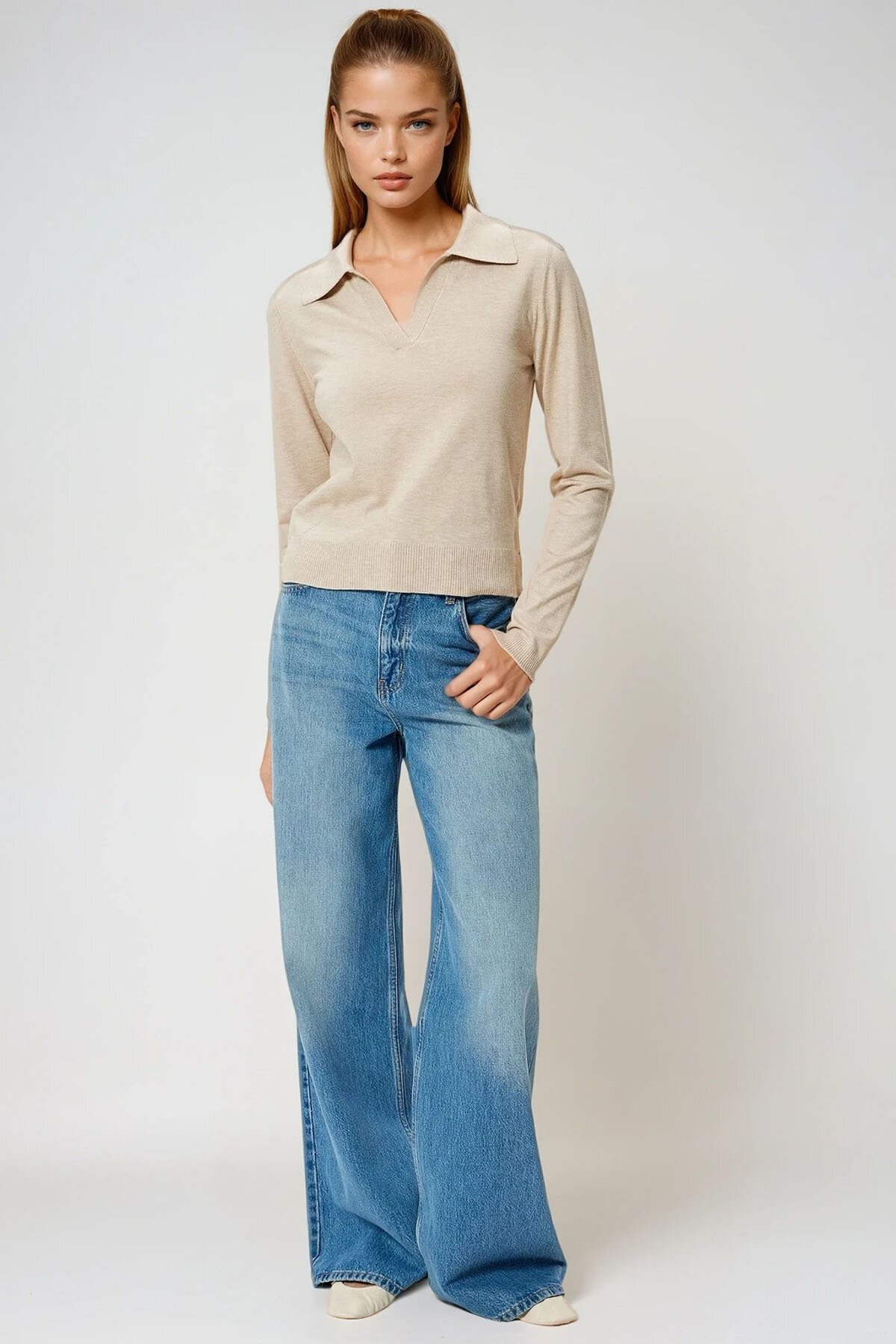 Bej Polo Yaka Uzun Kollu Bluz