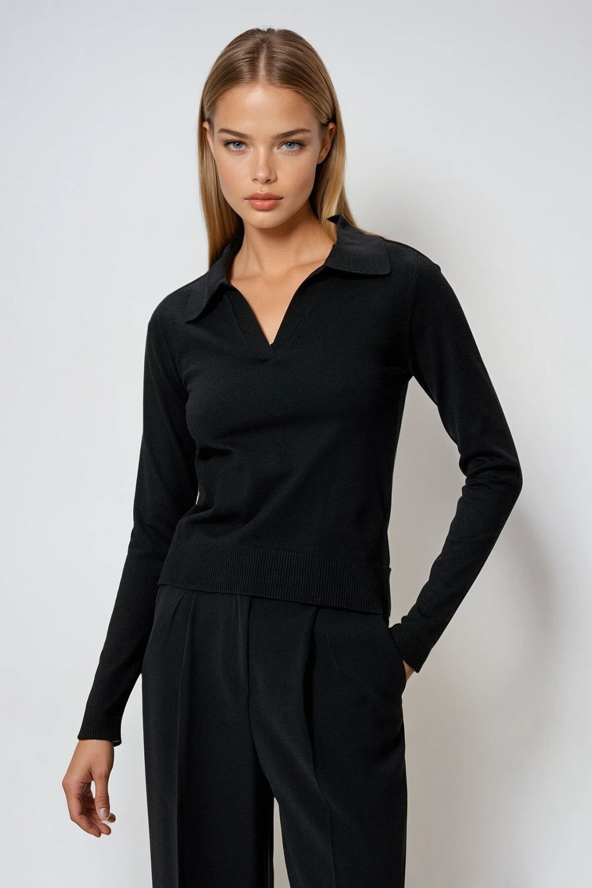 Siyah Polo Yaka Uzun Kollu Bluz