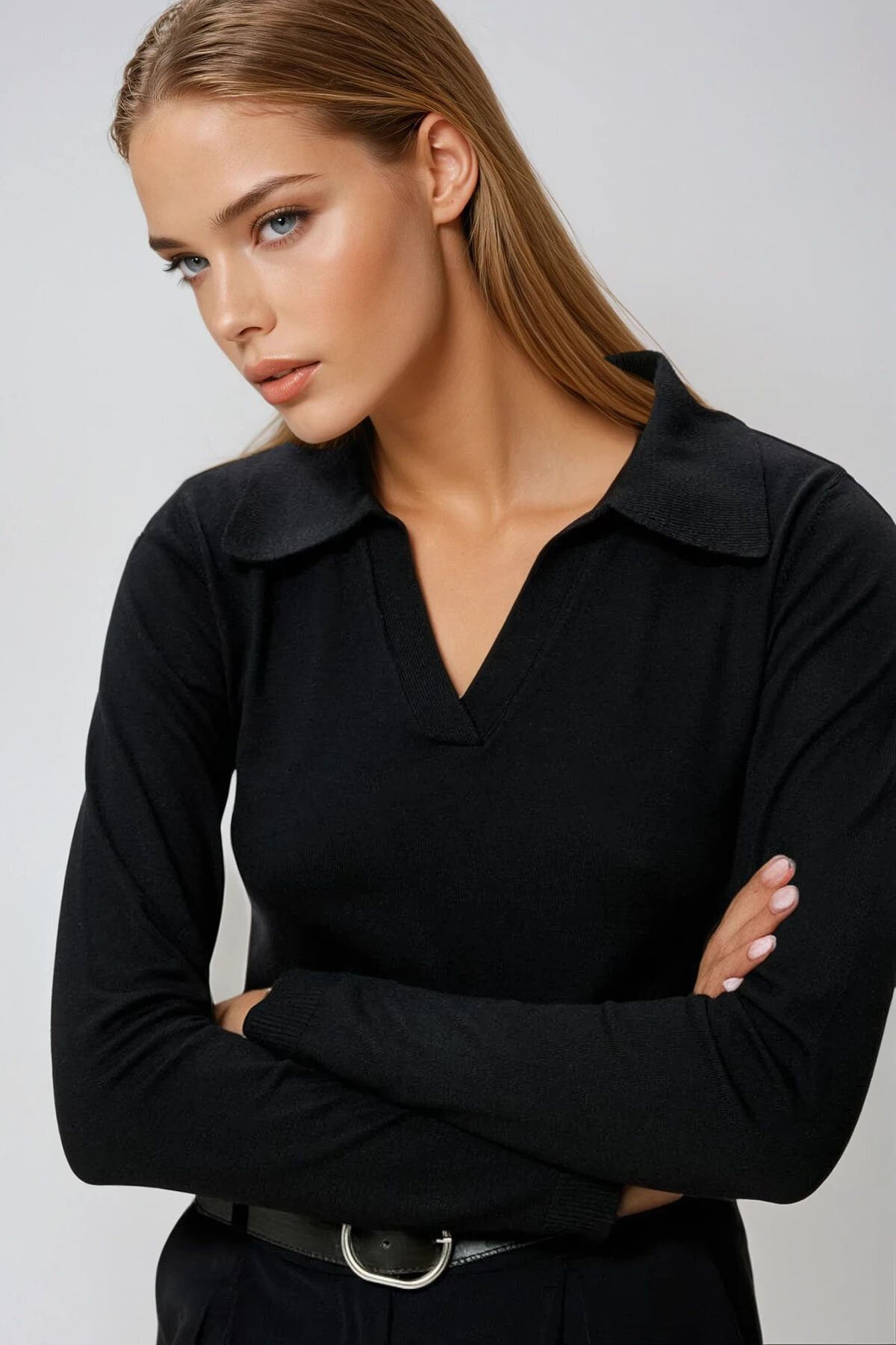 Siyah Polo Yaka Uzun Kollu Bluz