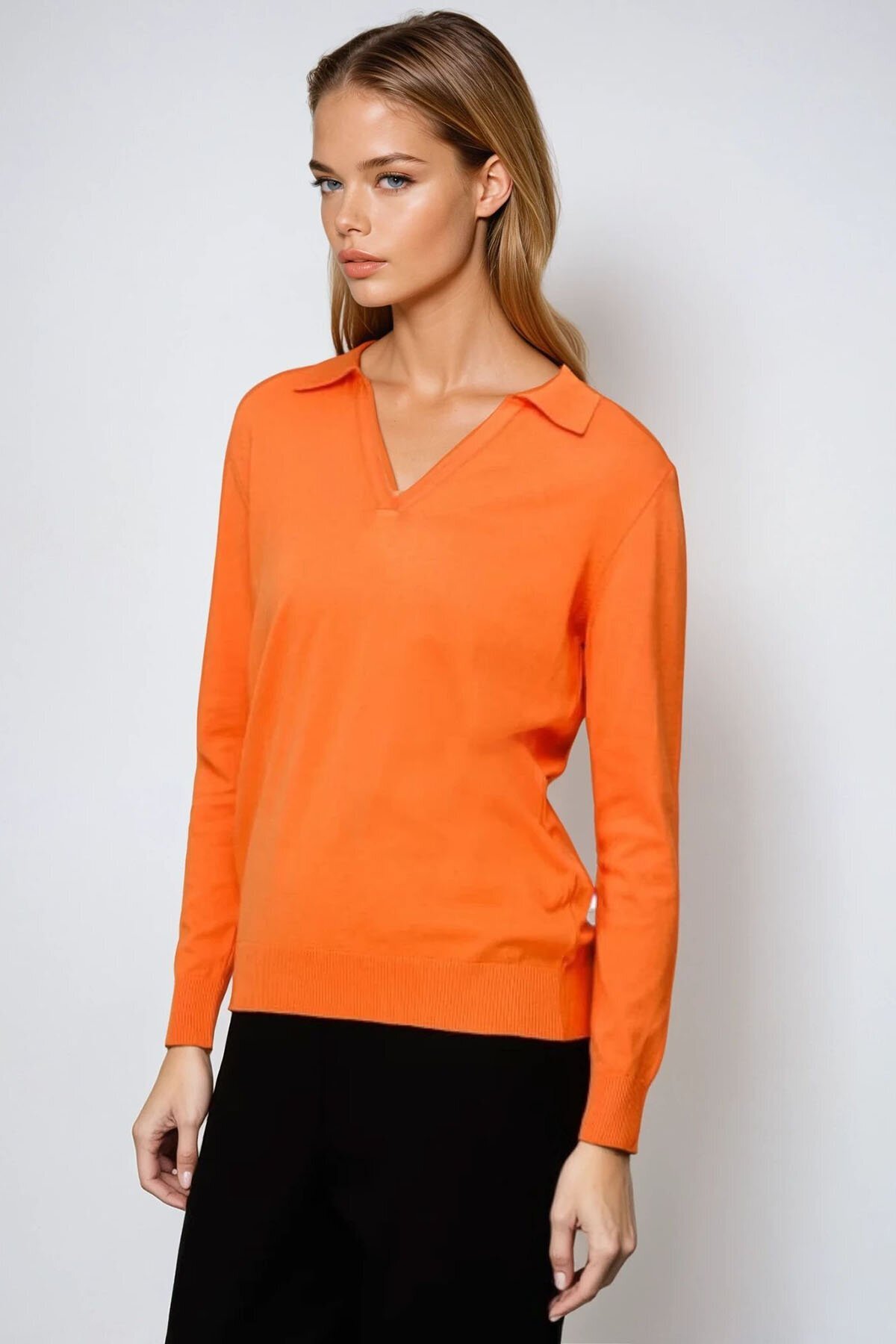 Turuncu Polo Yaka Uzun Kollu Bluz