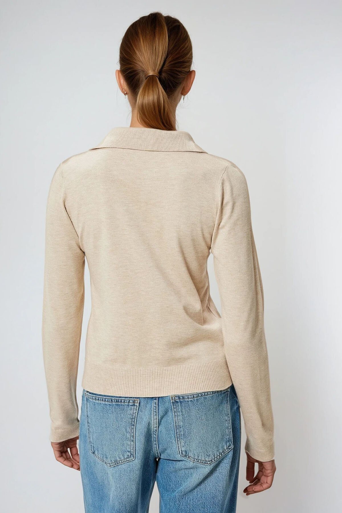 Bej Polo Yaka Uzun Kollu Bluz