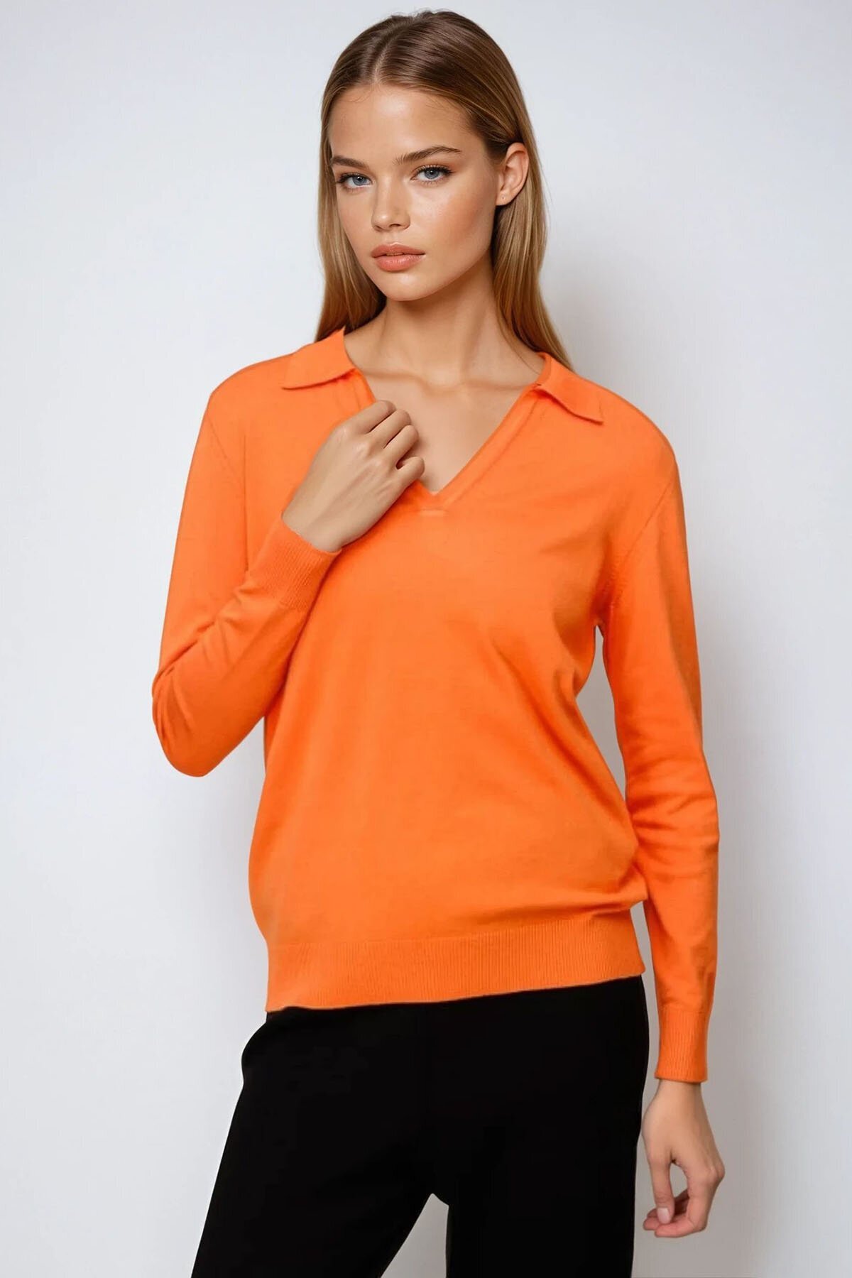 Turuncu Polo Yaka Uzun Kollu Bluz
