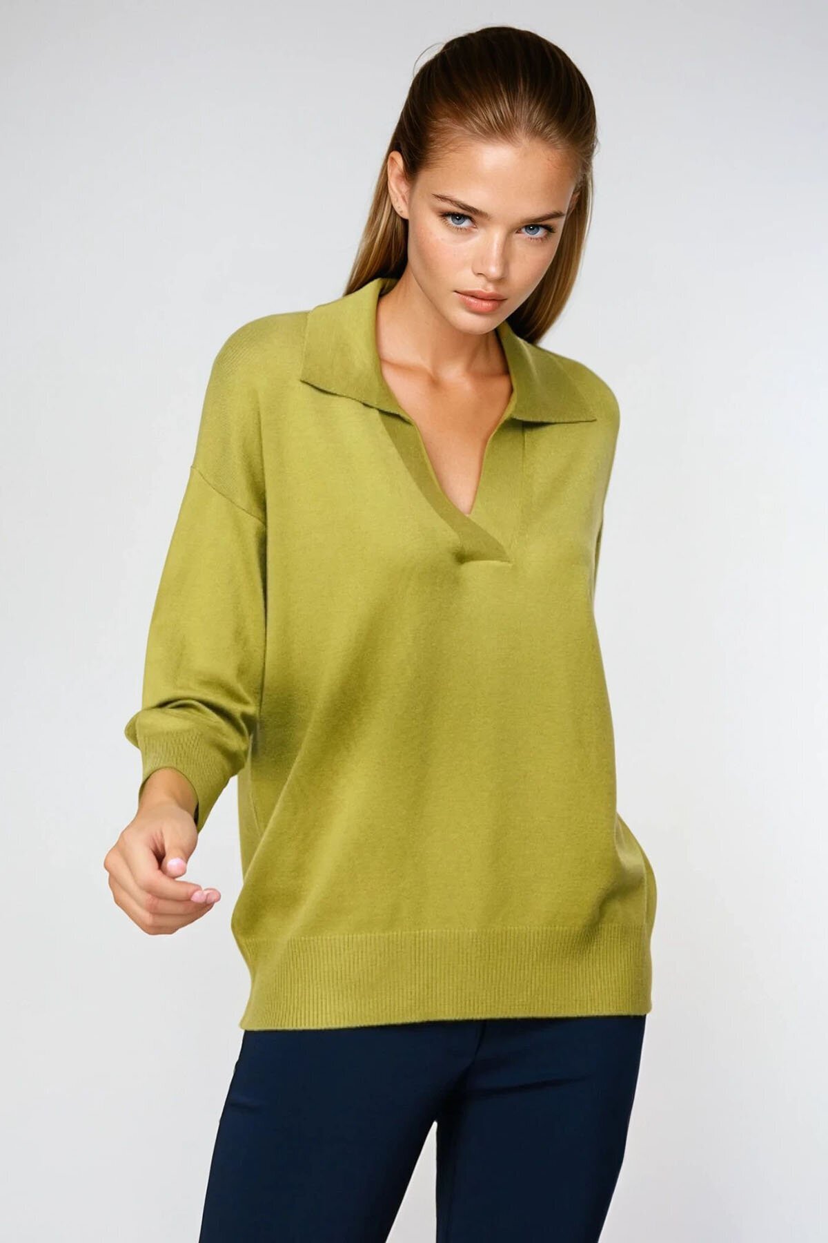 Yeşil Polo Yaka Uzun Kollu Bluz
