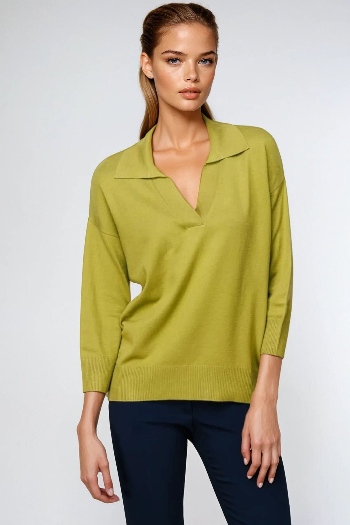 Yeşil Polo Yaka Uzun Kollu Bluz